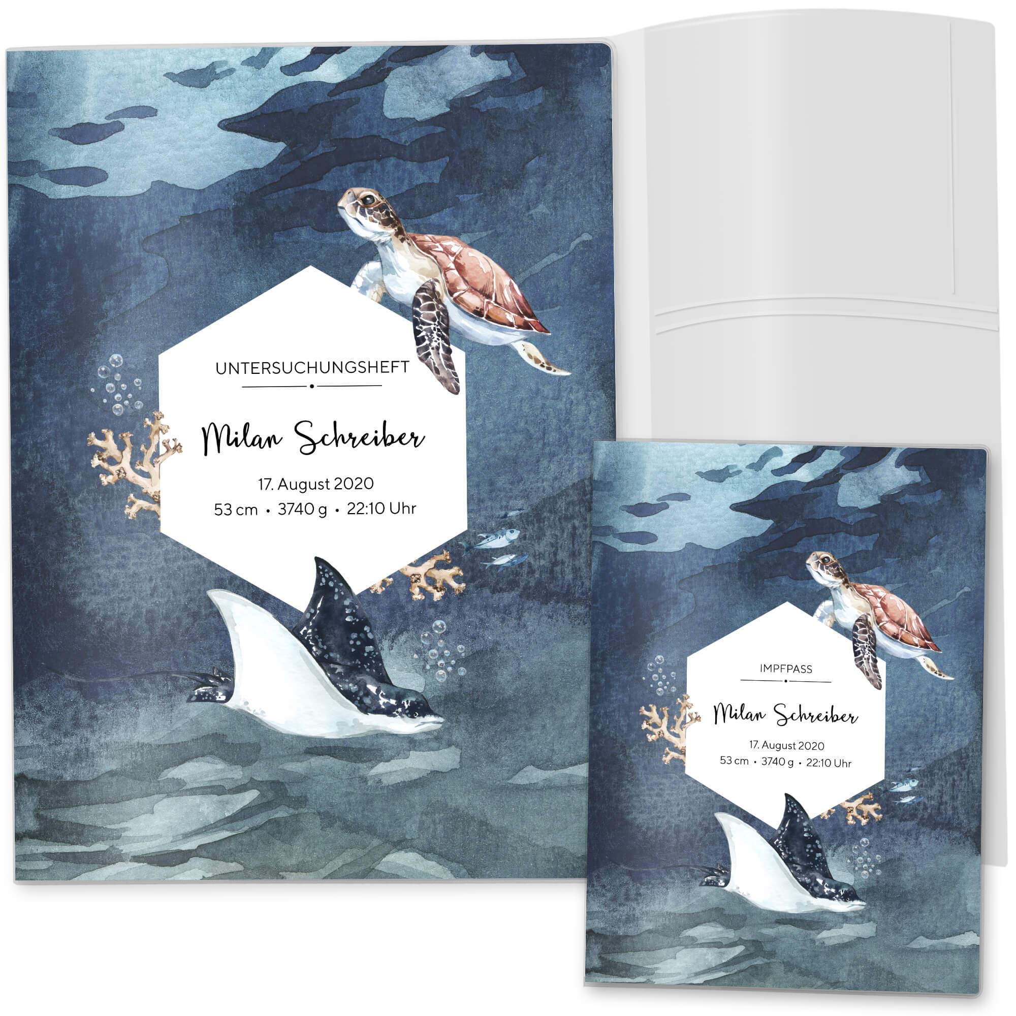 OLGS U-Heft und Impfpasshülle Set mit Personalisierung 3-teilig | Walfisch | Hüllen für Untersuchungsheft & Impfpass mit Namen (Uheft, Impfpass Hülle personalisiert, Schildkröte & Rochen)