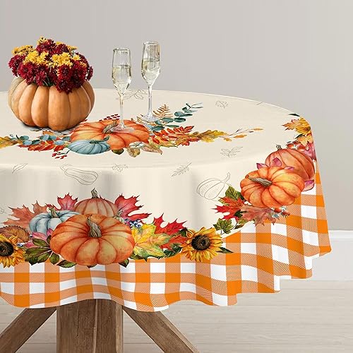 Miniatura 3 de Hexagram Mantel redondo de otoño de 60 pulgadas, mantel redondo de otoño a cuadros de calabaza para decoración del hogar, cocina, comedor