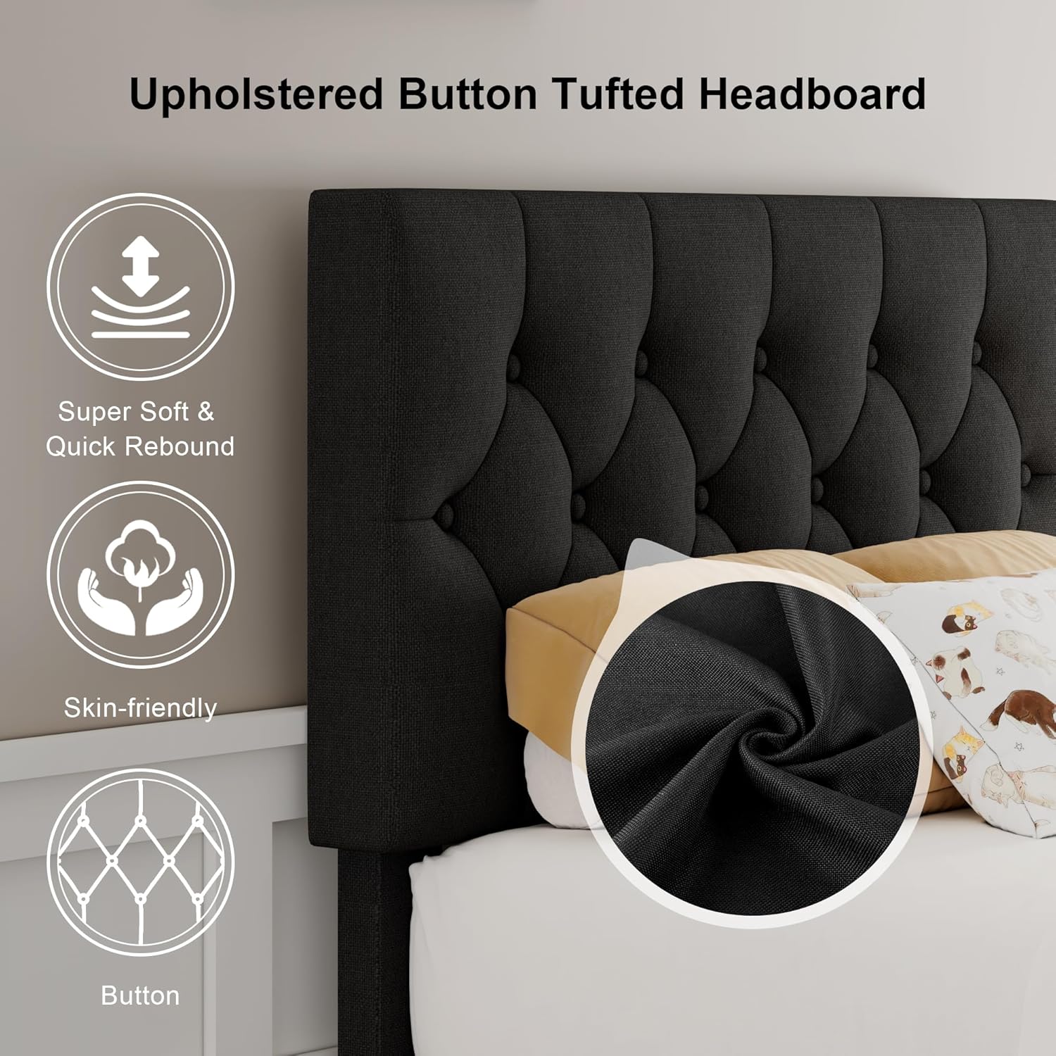 Feonase Twin Platform Bed Frame with Button Tufted Headboard, Upholstered Linen Bed with Wooden Slats Support, No Box Spring Needed, Noise-Free, Easy Assembly, Black