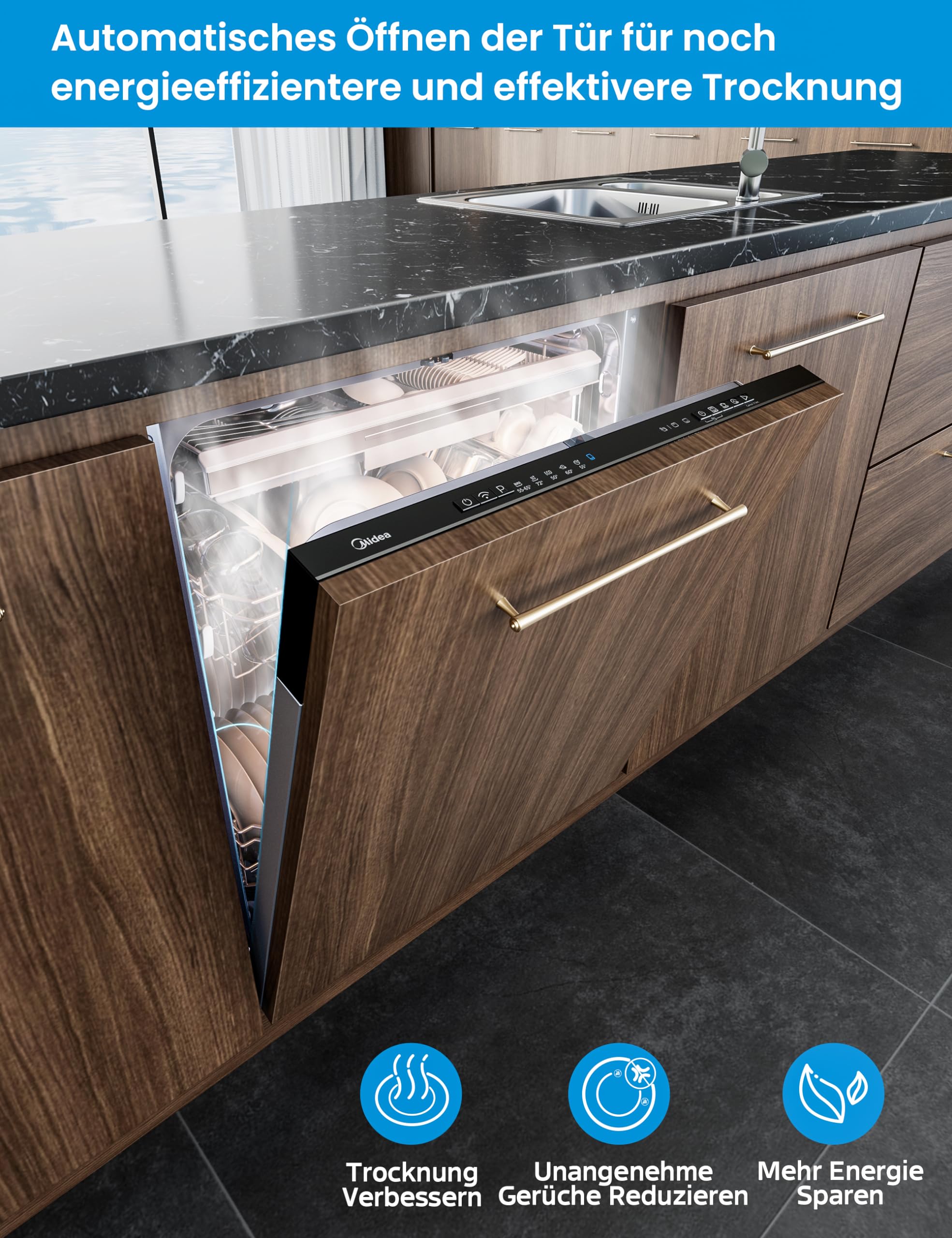 Midea SV 7.03M14B Lave-vaisselle entièrement intégré, 60 cm, 14 compartiments standards, tiroir à couverts, entretien hygiénique, avec WiFi, 7 programmes, 42 dB, Dualzone Wash, séchage supplémentaire