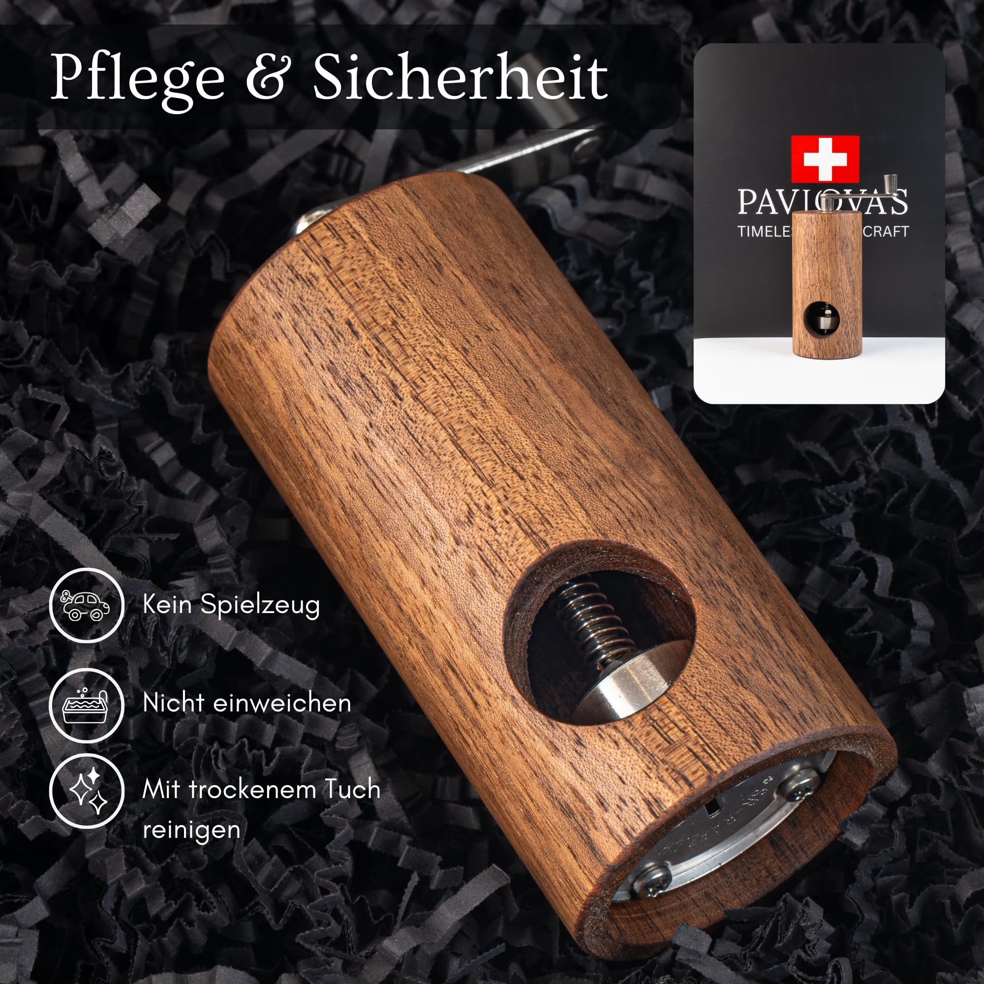 PAVLOVA'S Muskatmühle aus Walnussholz - Handgefertigt in der Schweiz mit Präzisionsmahlwerk - Manuelle Muskatnussmühle für feines Mahlen - Geschenkbox - Limited Edition