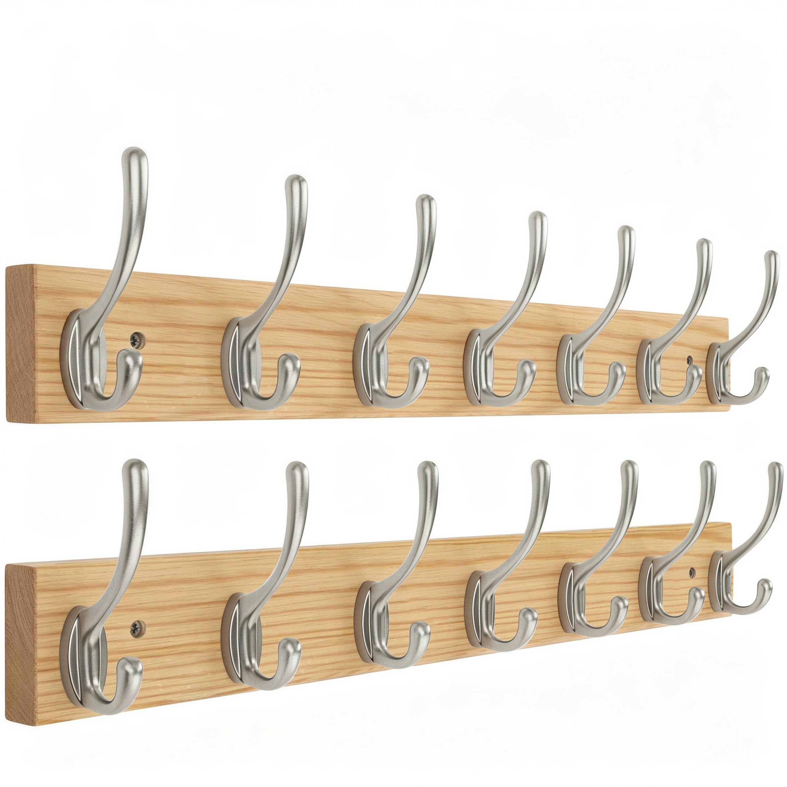 HONSKY Wall Coat Rack - 7 Double Hooks (50cm) | Wooden & Metal Towel/Coat Hanger for Entryway, Bathroom, Bedroom, Garage | Easy Install | Natural Base/Nickel Hook,2 Pack