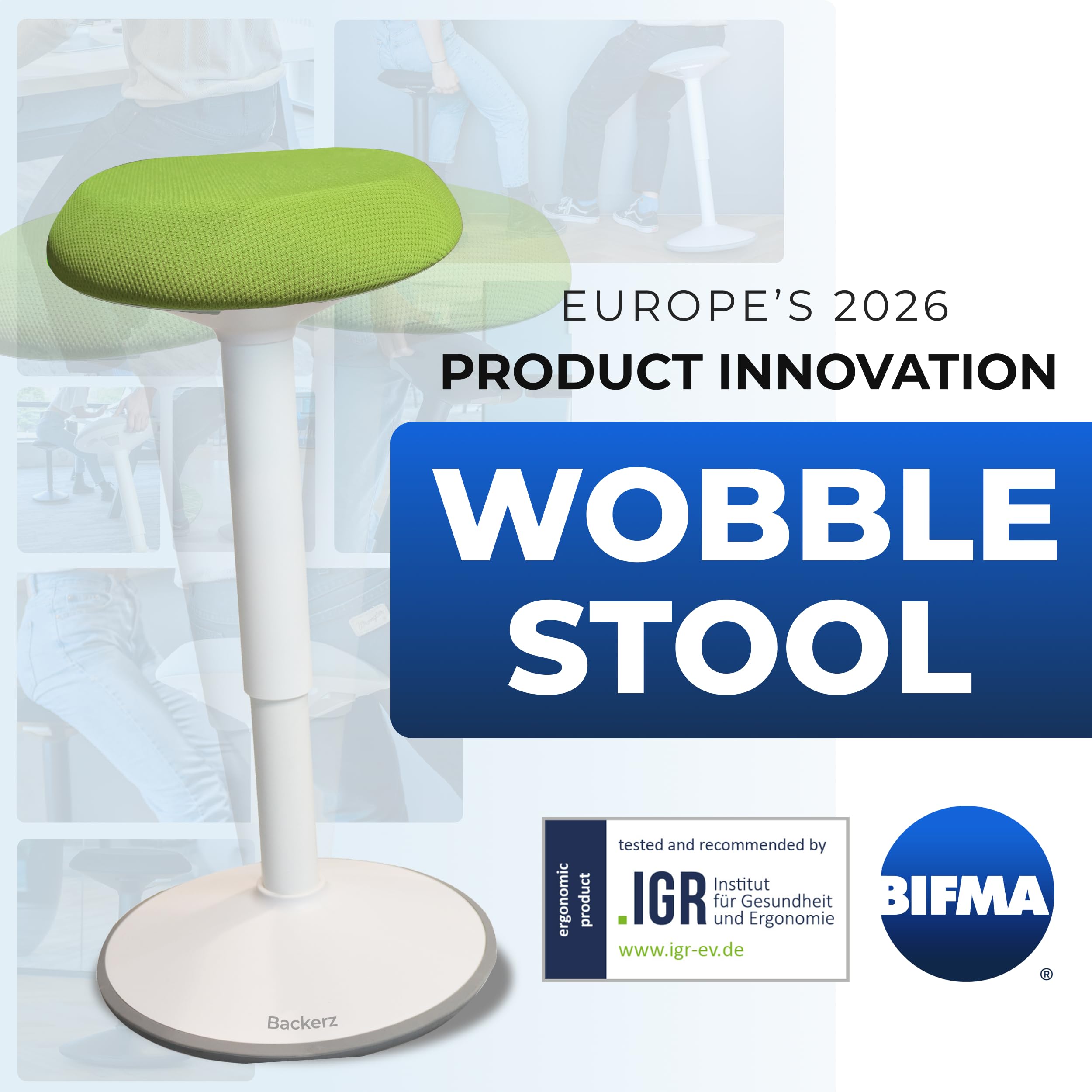 Backerz Sgabello ergonomico - Sgabello da ufficio - Vincitore del test - 55-80 cm - Altezza regolabile con funzione dondolo - Sedia da ufficio ergonomica antiscivolo - Sedia Scrivania - Verde
