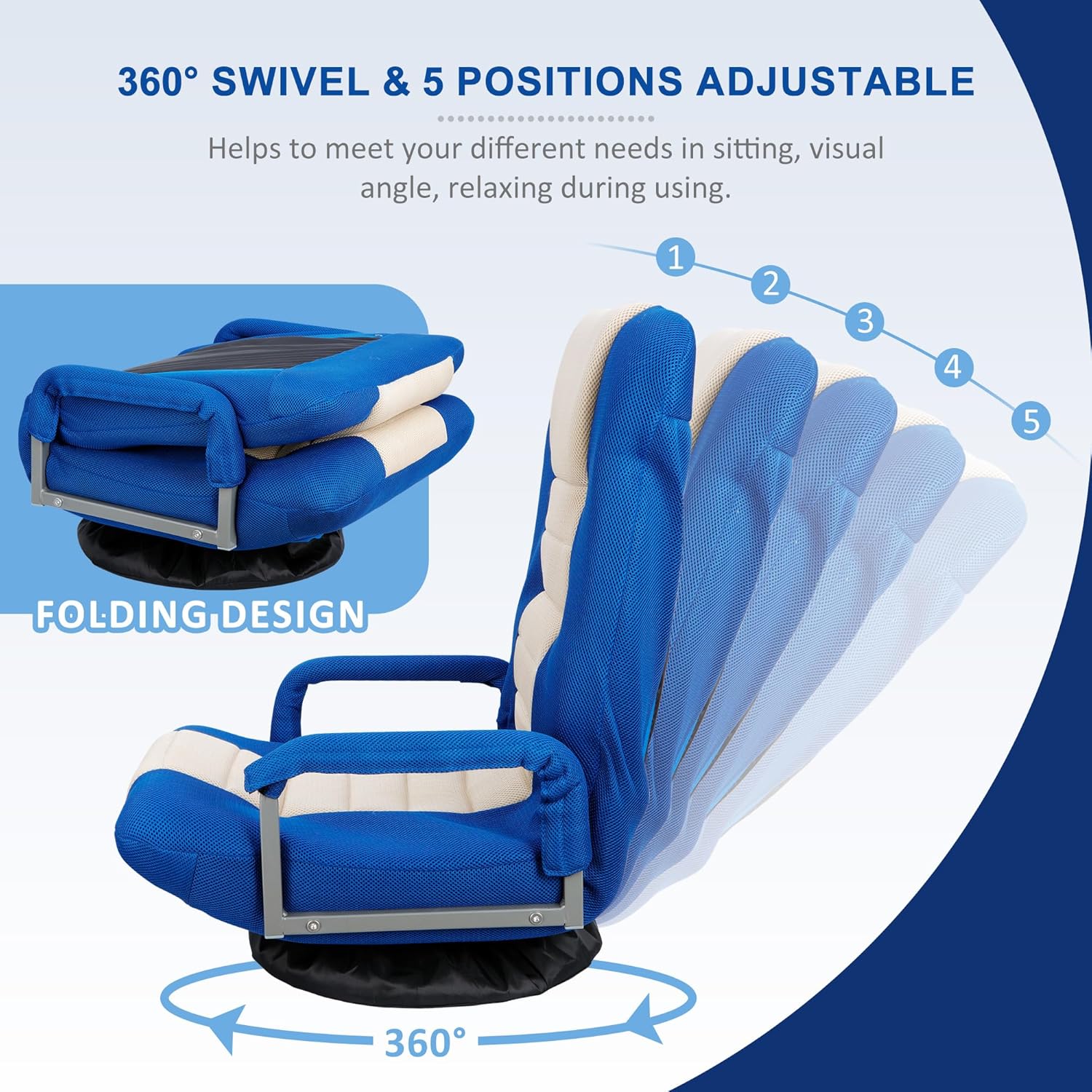 SUPER DEAL Floor Gaming Chair with Arms, Floor Lazy Lounger Chair with Adjustable 5 Positions 360 Degree Swivel for Adults Teens Reading, Relaxing, Watching TV, Blue and Beige