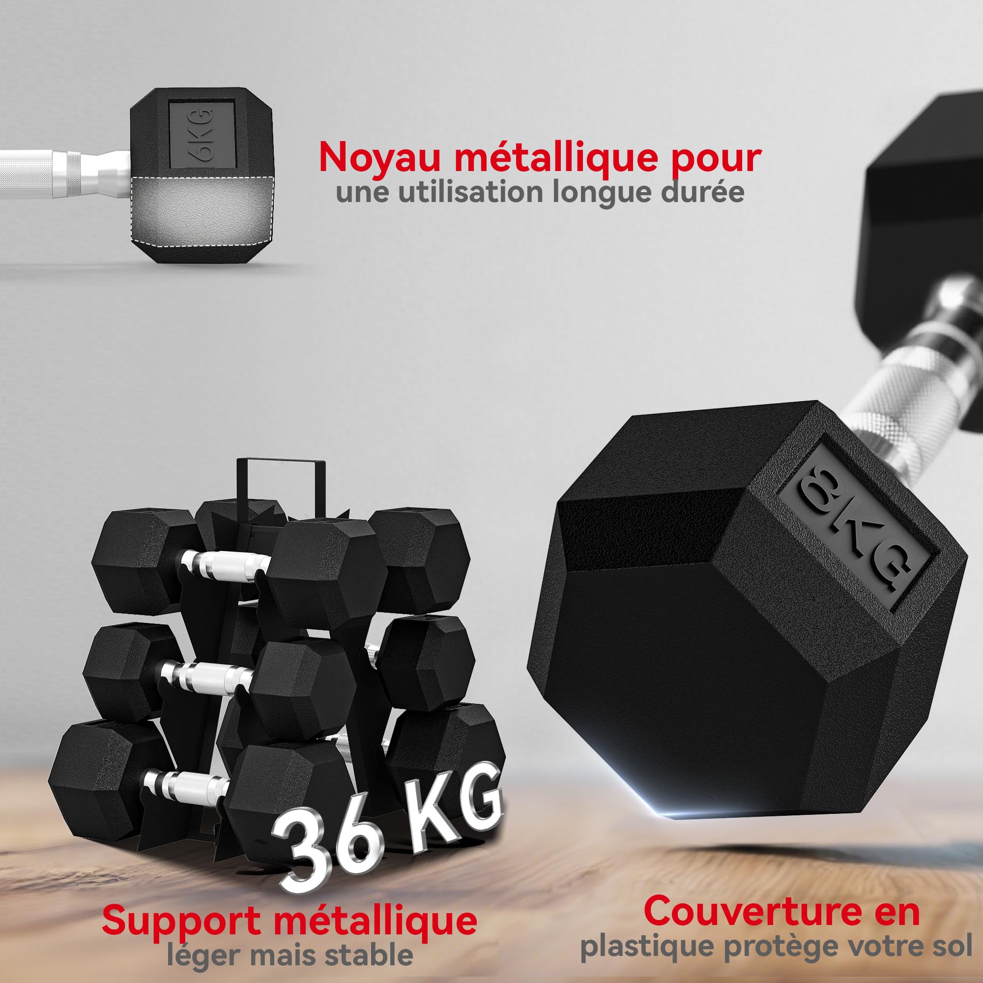 SPORTNOW Ensemble d'Haltères Hexagonaux avec Support, Haltères Revêtus de Caoutchouc, Poignées Antidérapantes en Chrome, Compact pour Salle de Sport à Domicile, 2 x 4 kg, 2 x 6 kg, 2 x 8 kg