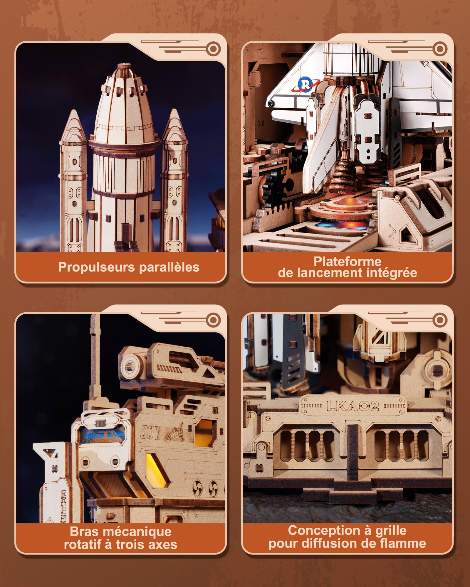 ROBOTIME Navette Spatiale en Bois avec Base de Lancement, LKA02 | 446 pièces · Levage & retour motorisés · Échelle 1:420 · Câble Type-C 5 V requis