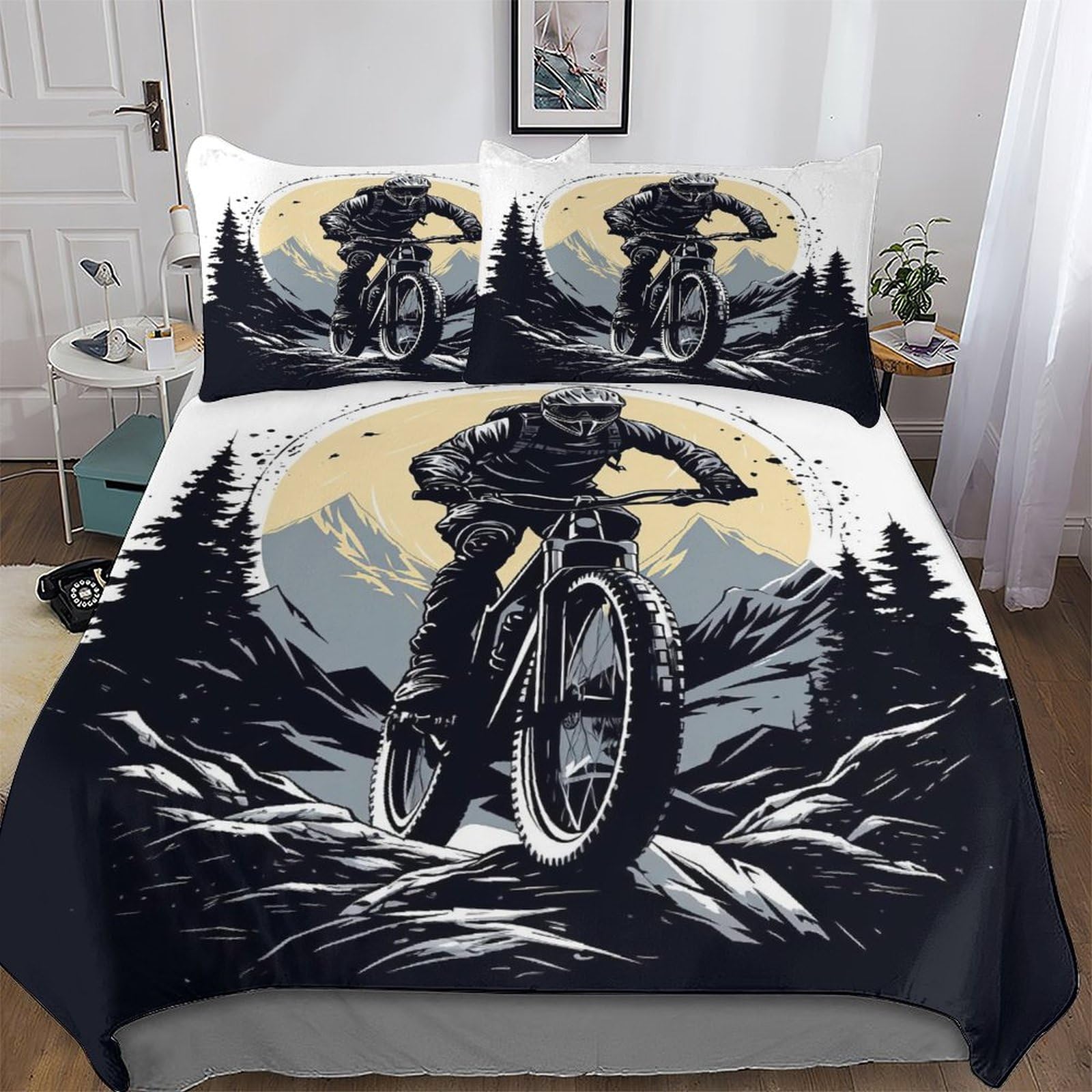 Pazzk Boys Mountain Bike-3 Mountain Bike Bedding Quilt Cover 3 Pieces Sets Easy Care Super-Soft Polycotton Comforter Cover Comfortable & Durable Duvet Cover With Pillowcases For Girls Double (200X200cm)