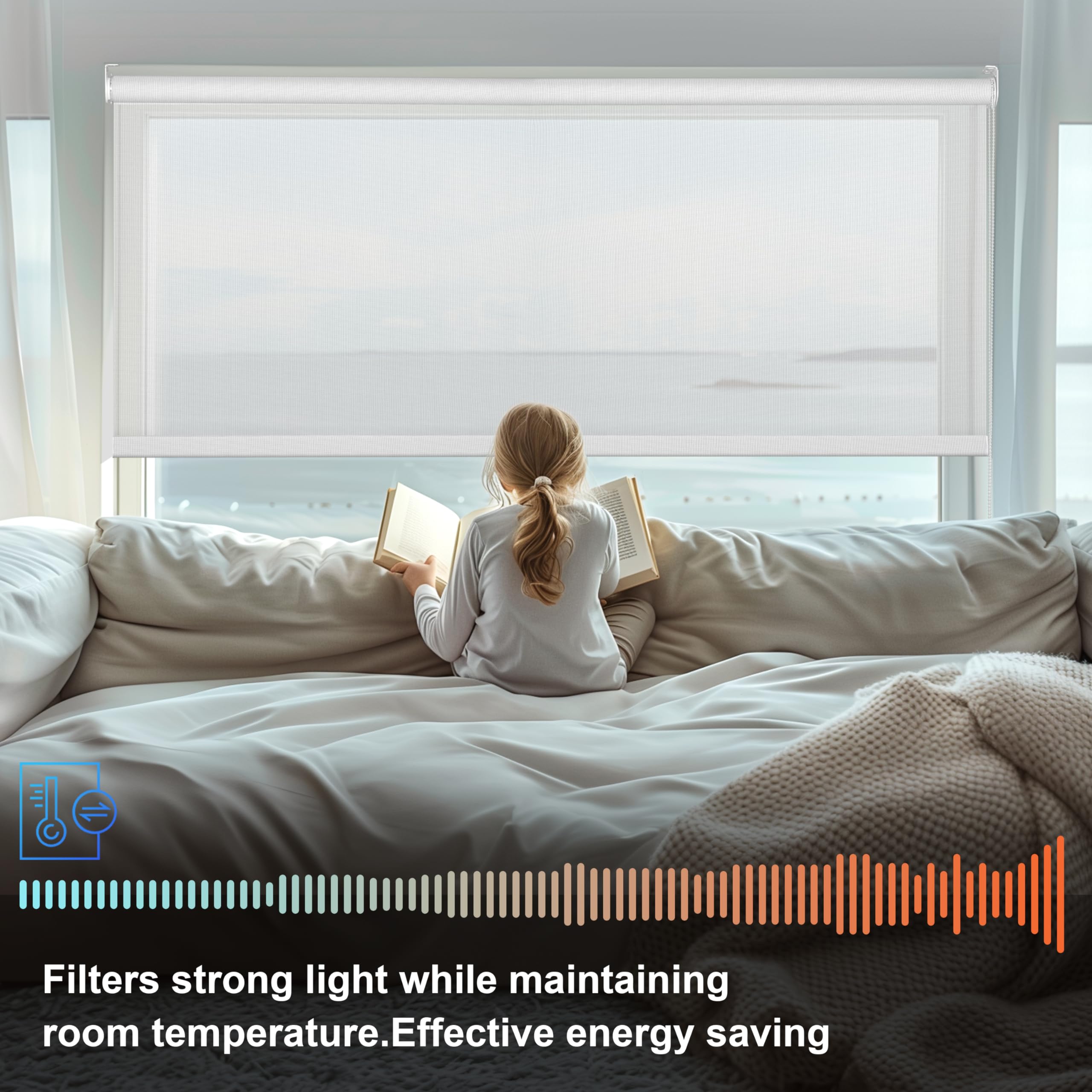 Boolegon Light Filtering Roller Shades for Windows Solar Shade Thermal Insulated Fabric Roller Blinds UV Protection Easy Installation Sheer Shades for Bedroom Office Door.White.26 W x 80