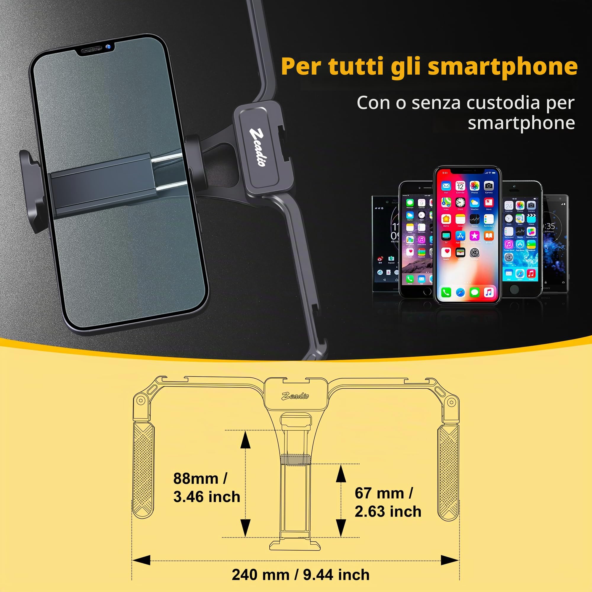 Zeadio Stabilizzatore per Smartphone in Alluminio - Supporto Video Pieghevole per Cellulare, Custodia per Filmati, Treppiede per iPhone