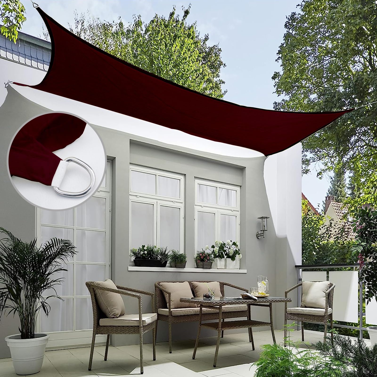 Prostokątny Parasol Przeciwsłoneczny 2 x 6.5 m Baldachim Ogrodowy, Baldachim Ogrodowy Pod Kątem Prostym, Poliester PES Łatwa instalacja na patio ogrodowe bezpłatną liną, Czerwone wino