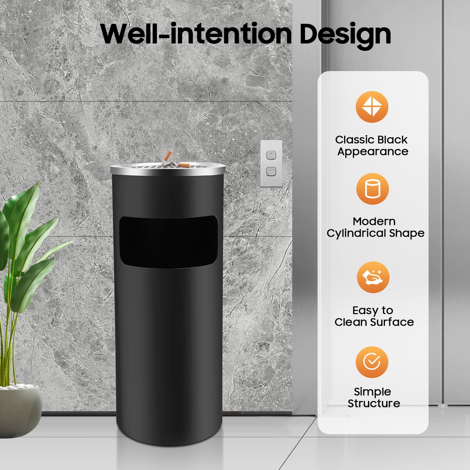 Cendrier sur Pied,Poubelle sur Pied en Acier Inoxydable,Cendrier Exterieur Avec Poubelle,Poubelle Jardin Terrasse,Anti Feu,Base Lestée,Design Cylindrique,Maison Bureau Restaurant,15L,Noir