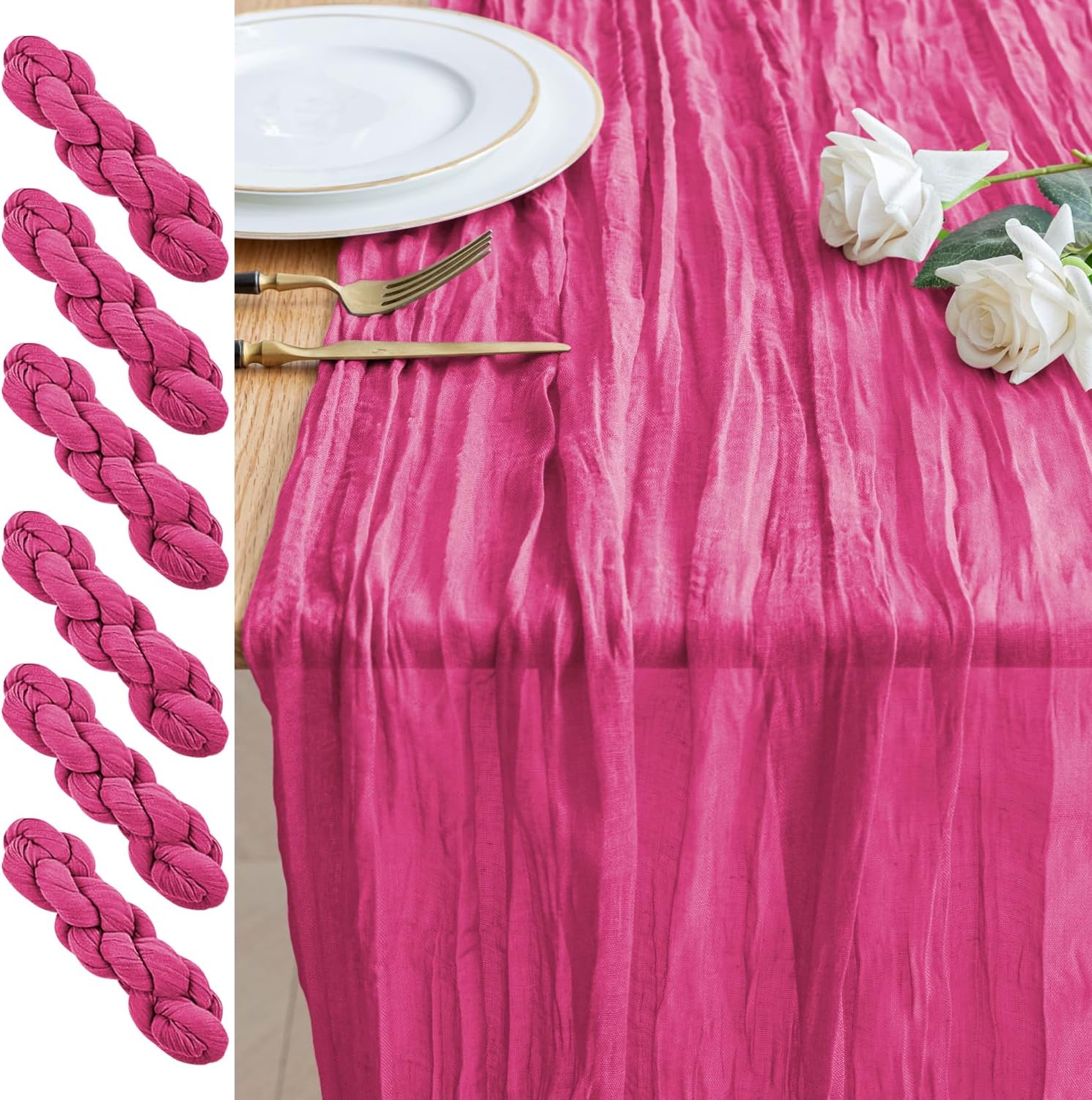 6PCS Table Runner Cheesecloth 10FT Deep Pink Boho Gauze Cheese Cloth Rustic Sheer Table Runners for Wedding Birthday Bridal Baby Shower Party Decoration 6 Pack Deep Pink