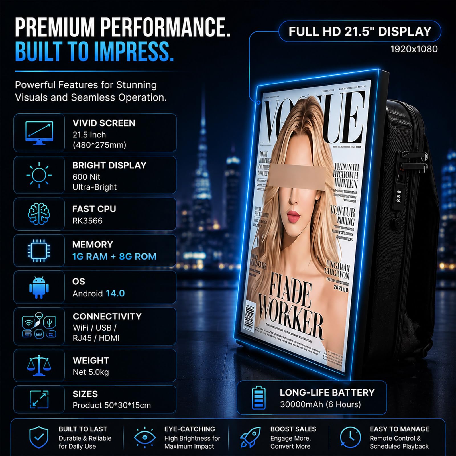 Mochila Inteligente con Pantalla LED 21,5", 600 nits Ultra Brillante, 30000mAh 6h, IP65, Android 14, vendedores ambulantes