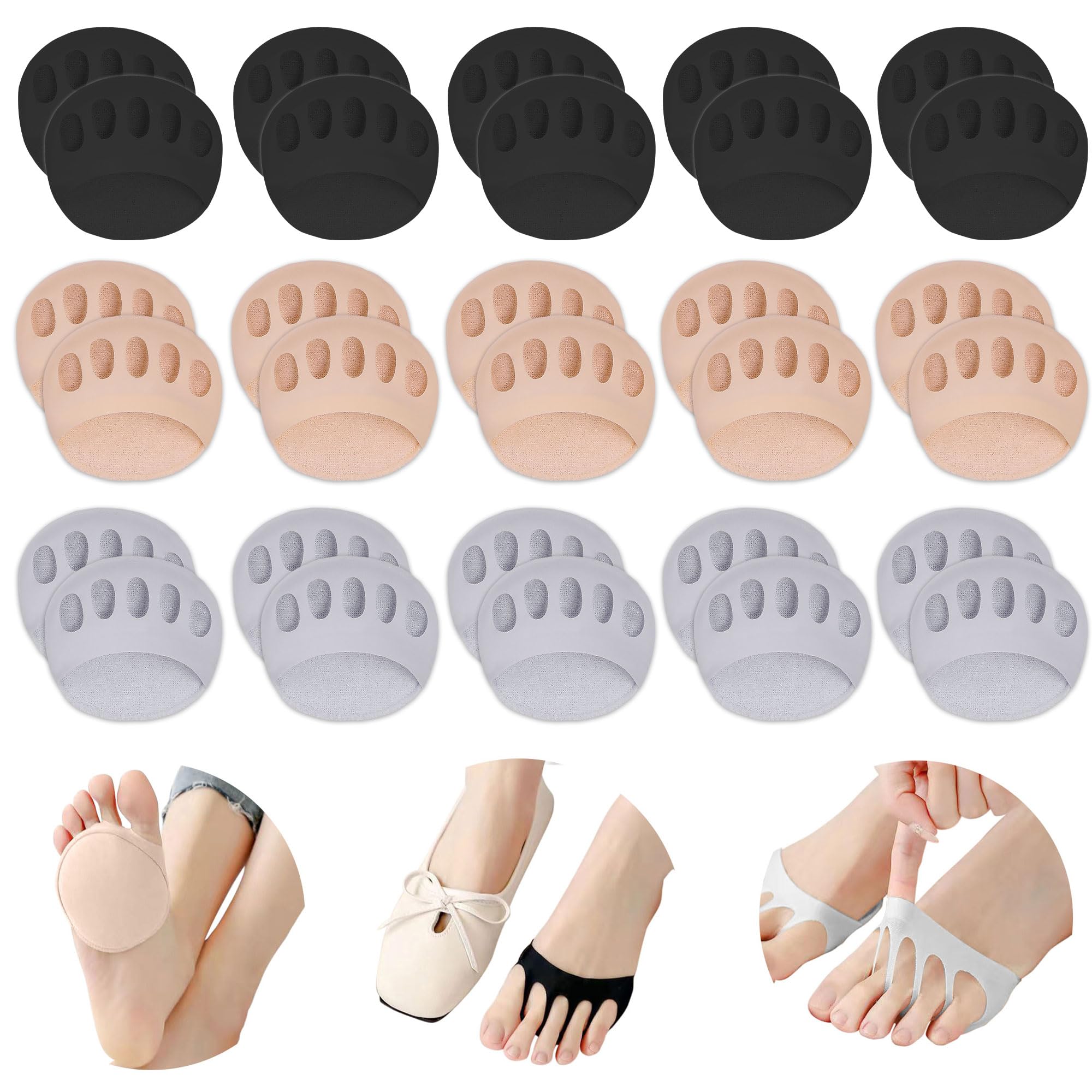 SooGree Ball of Foot Cushions Honeycomb Fabric Metatarsal Pads Invisible Socks Pads for Women and Men Reusable Forefoot Pads (15 Pairs-(Black-Gray-Beige))