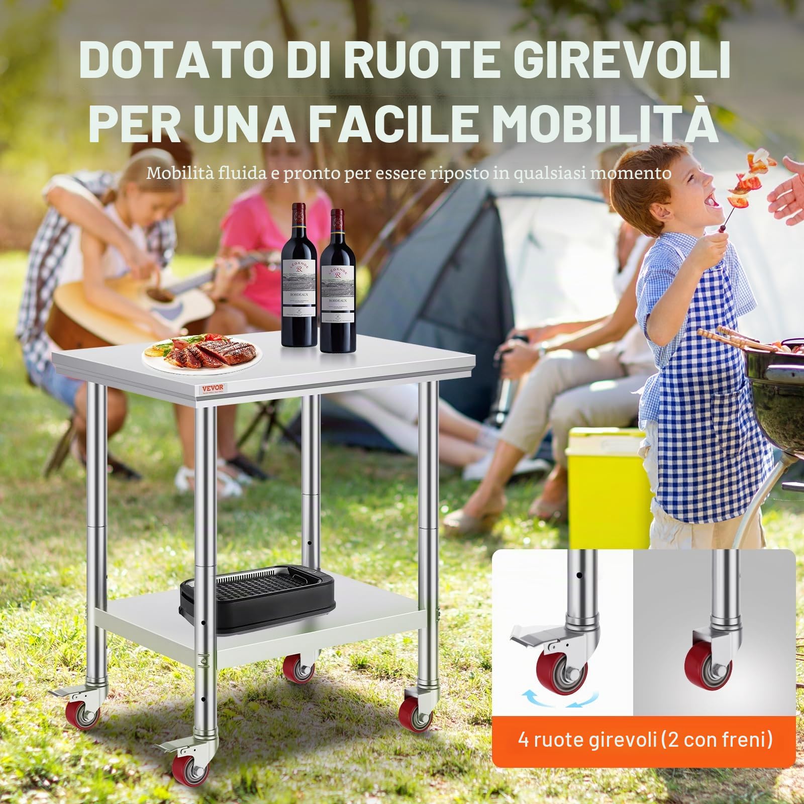 VEVOR Tavolo da Lavoro in Acciaio Inossidabile 76 x 60 x 85 cm, con 4 ruote, banco da lavoro commerciale per la preparazione degli alimenti con ripiano flessibile di regolazione per tavolo da cucina