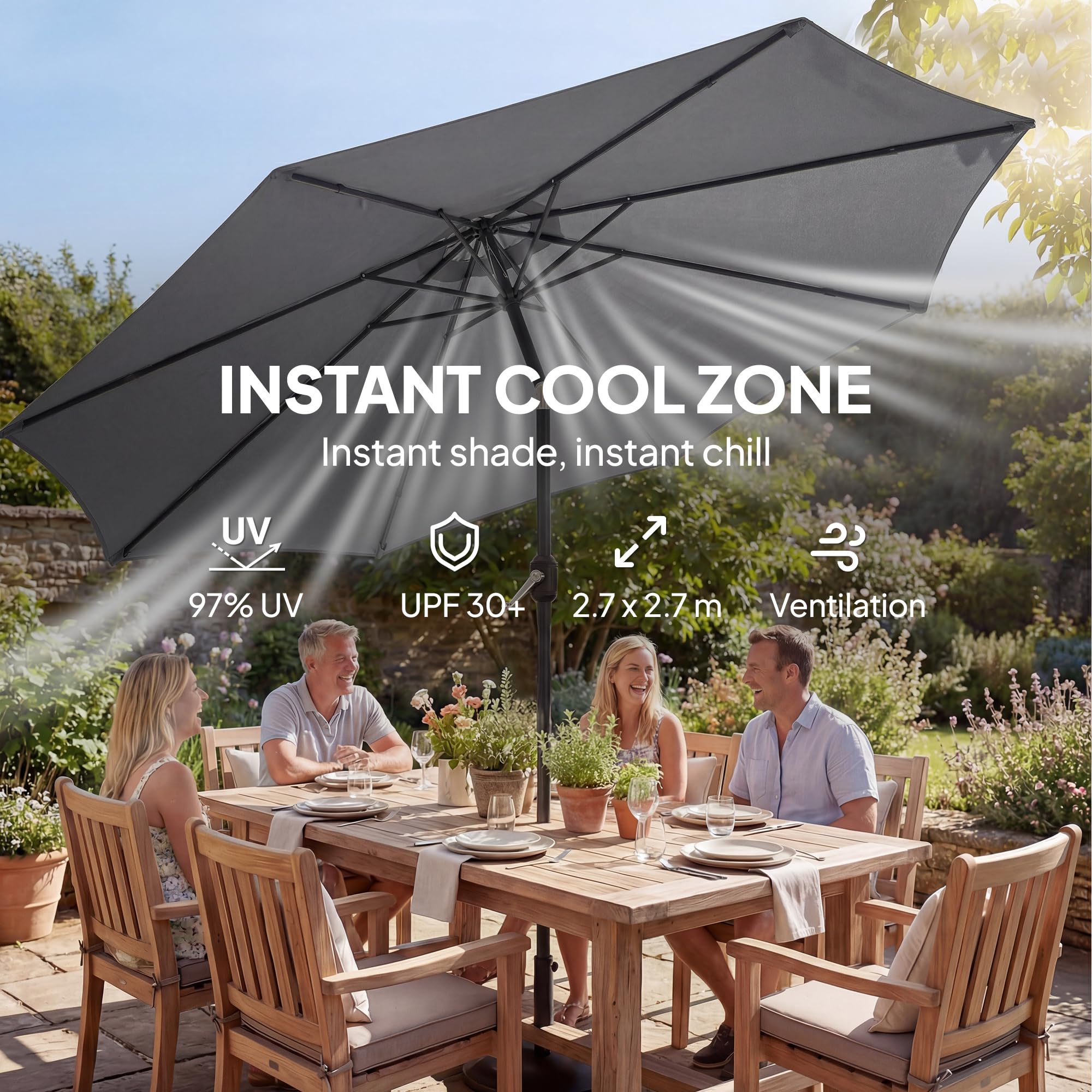 Outsunny 2.7 m Garden Parasol Umbrella with Cross Base and Sandbag, Retractable Ribs, Outdoor Table Market Patio Umbrella Sun Shade with 30 Degree Tilt and Crank, Vent — view 5