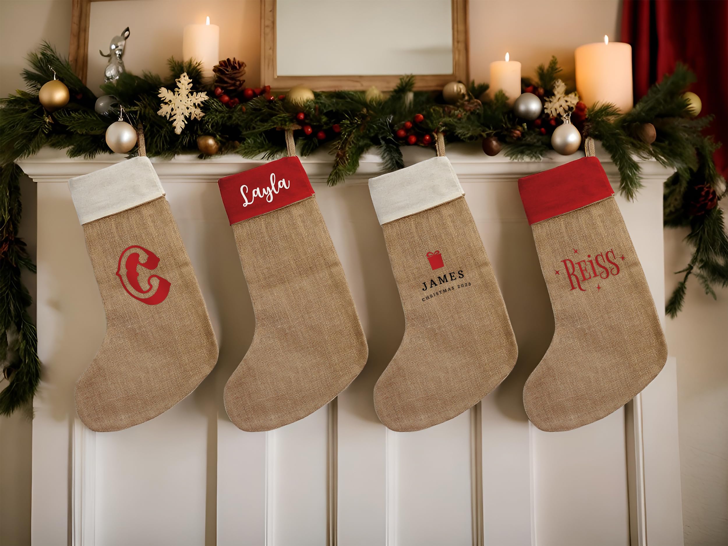 Active Window Films Personalised Christmas Stocking, Customizable Stocking, Luxury Christmas Stocking, Santa Christmas Eve Stocking, Natural Jute and Cotton Xmas Decorations (Style 4, Red and Canvas)