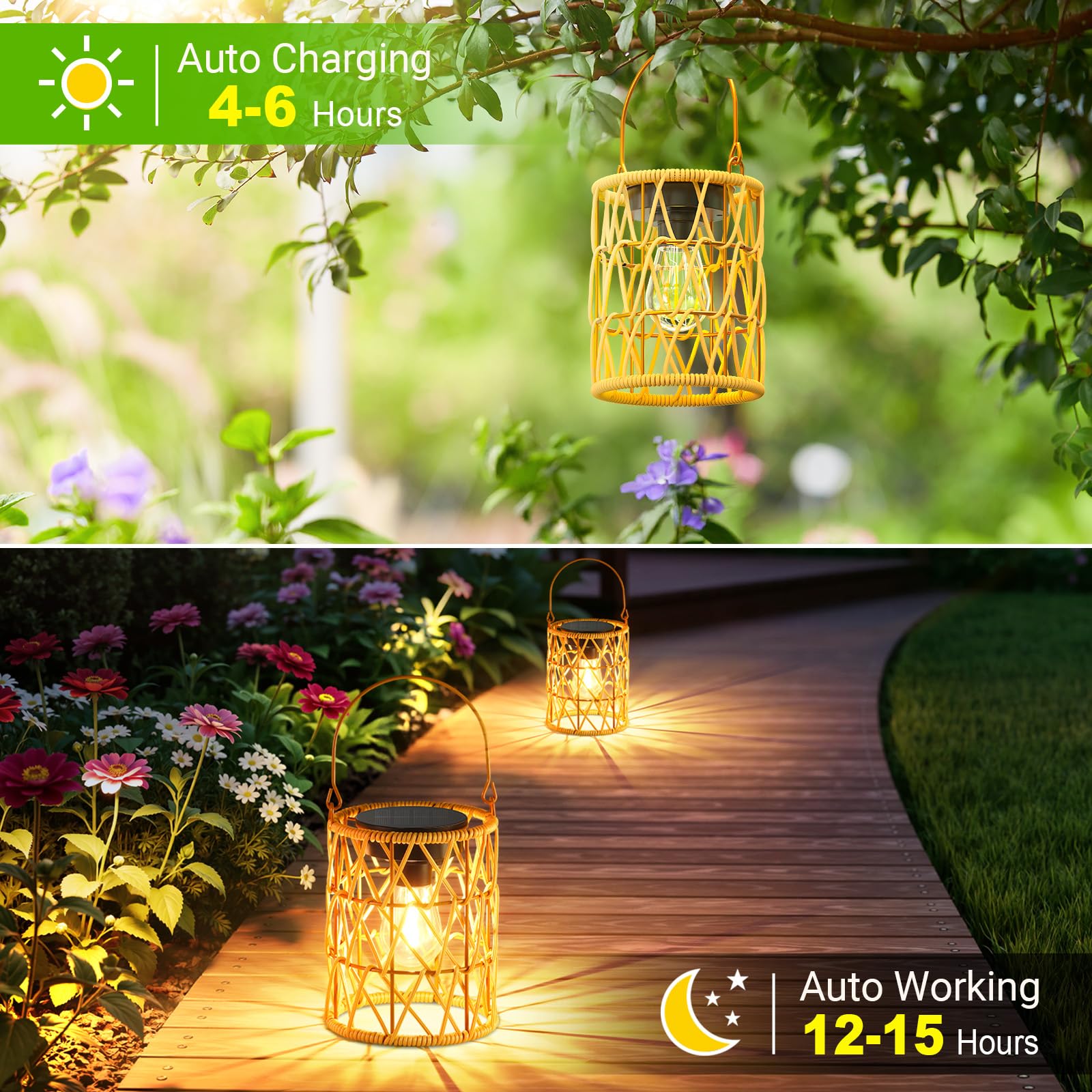 KOOPER Farol solar para exteriores, paquete de 4 faroles solares colgantes brillantes para exteriores, impermeables, con asa, faroles de ratán decorativos para colgar en exteriores, jardín, patio