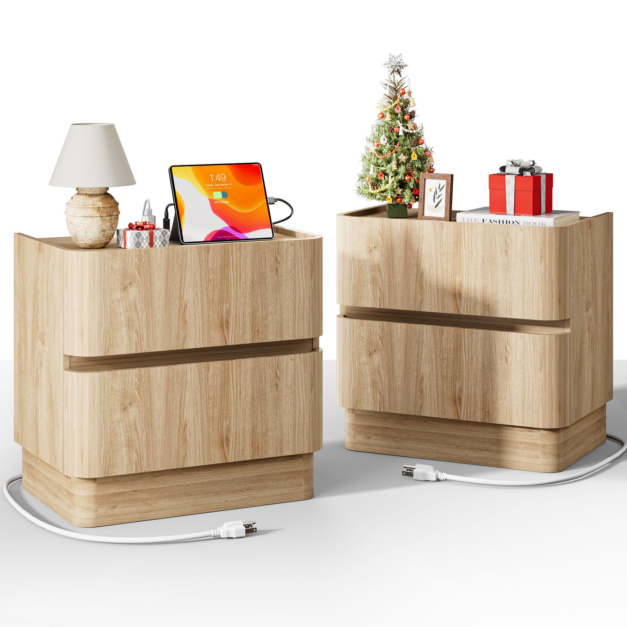 FavourLife Night Stand Set 2, 23" Wide Nightstands Set of 2, Handleless 2 Drawer Nightstand with Charging Station, Large Wooden End Table, Modern