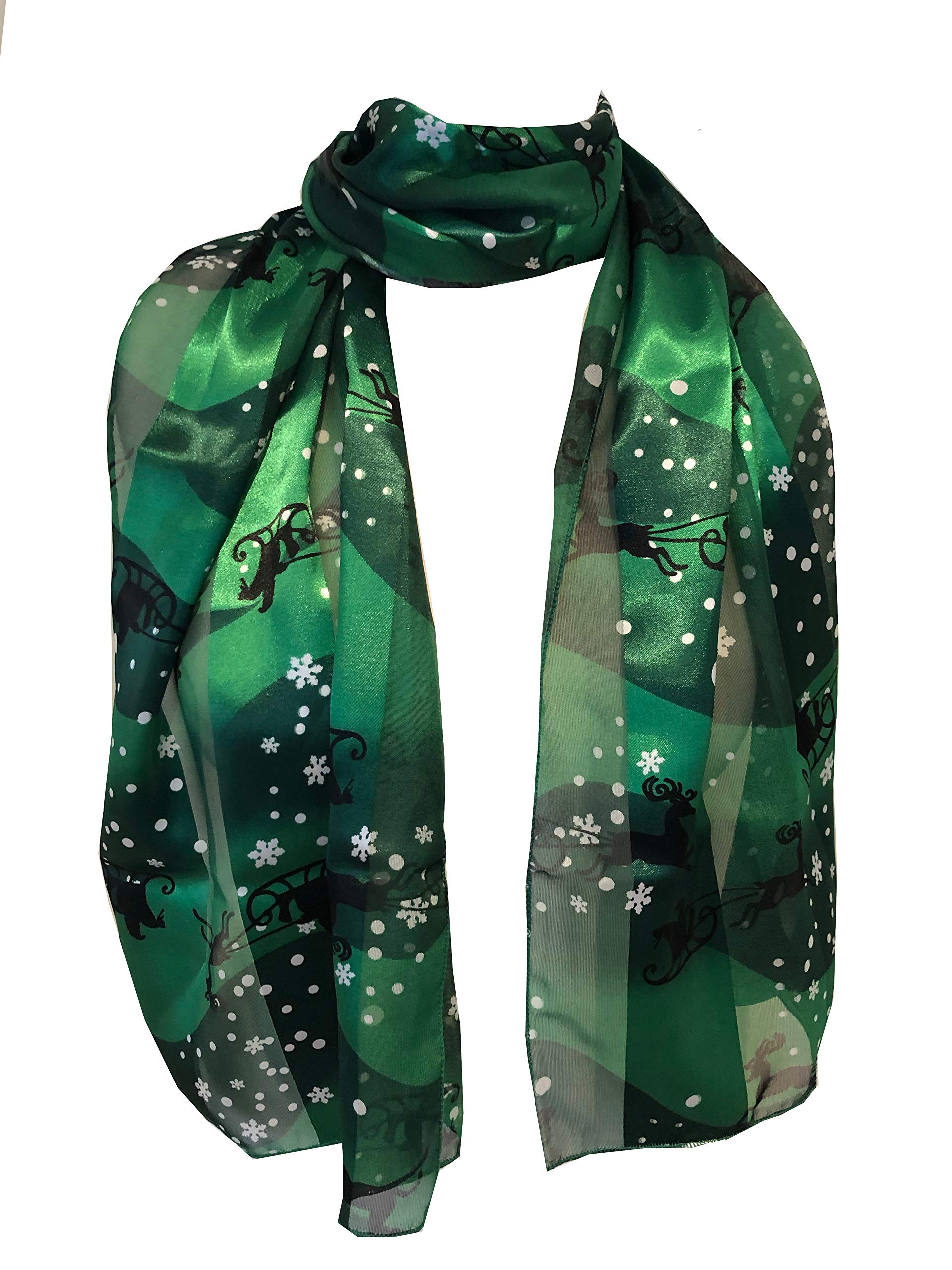 Pamper Yourself Now Green with Snowflakes and Santa on a Sledge Design Thin Pretty Christmas Scarf