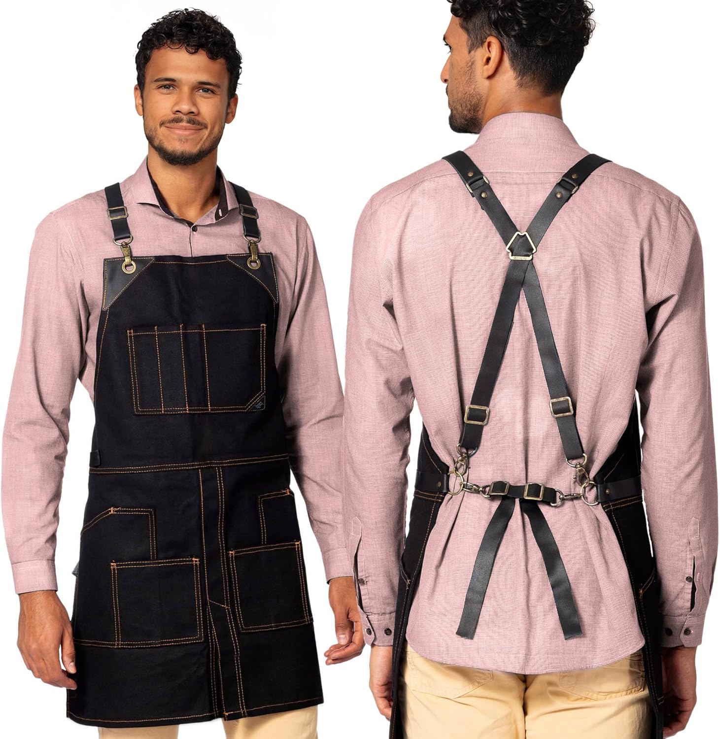 Under NY Sky Cargo Gray Apron – Cross-Back with Leather Straps, Heavy-Duty Waxed Canvas and Split-Leg – Adjustable for Men and Women – Pro Woodworker, Mechanic, Blacksmith, Welder, Artist Aprons