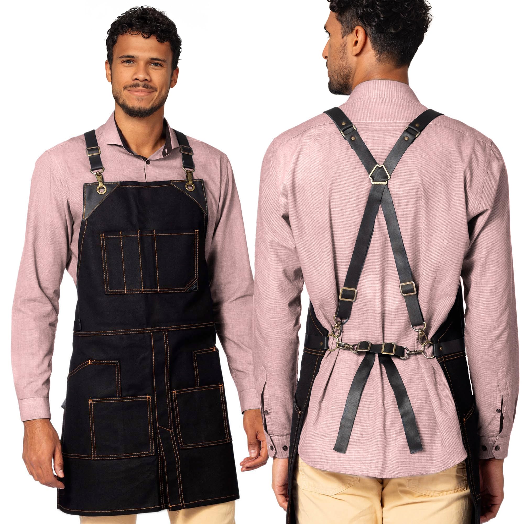 Under NY Sky Cargo Black Apron – Cross-Back with Leather Straps, Heavy-Duty Waxed Canvas and Split-Leg – Adjustable for Men and Women – Pro Woodworker, Mechanic, Blacksmith, Welder, Artist Aprons
