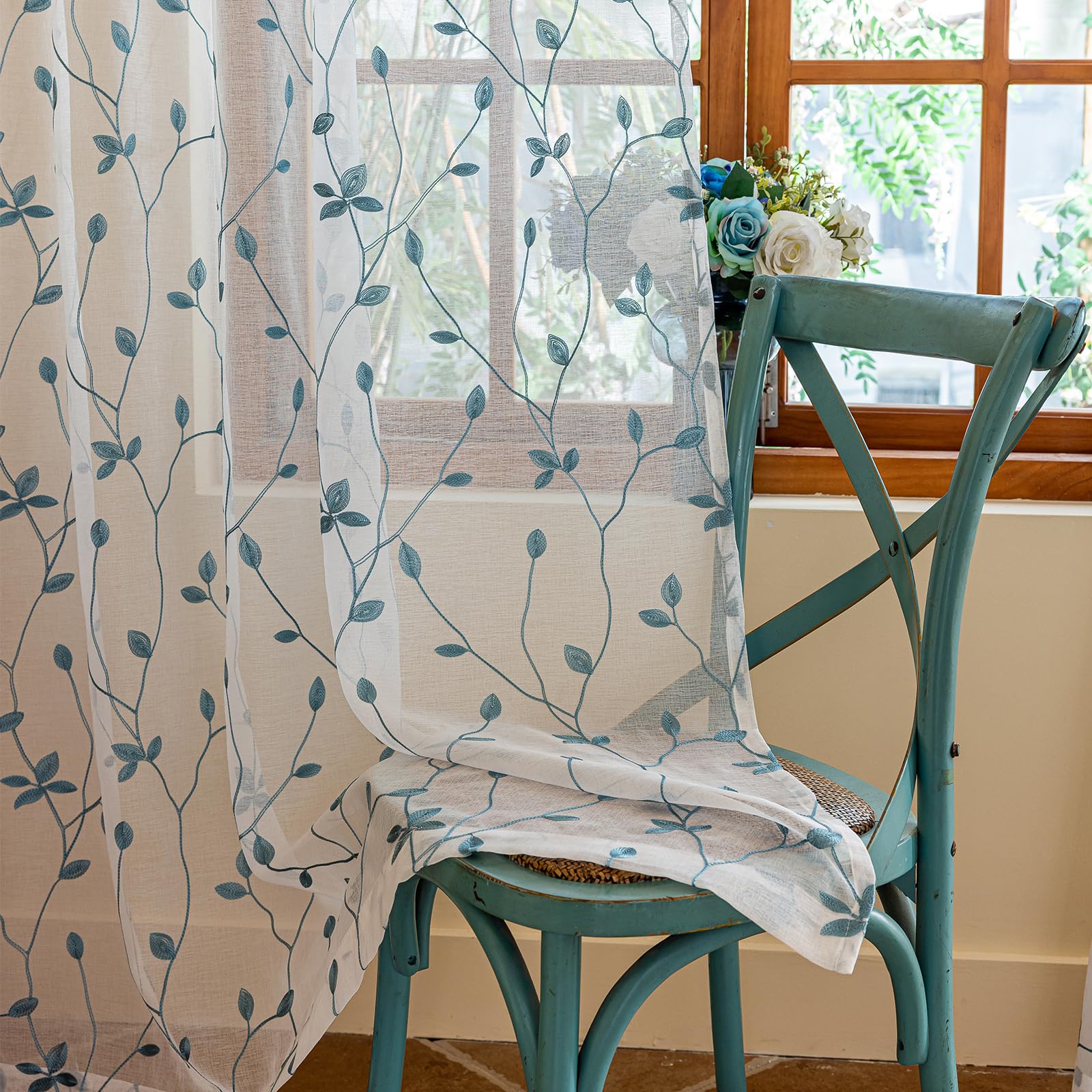 AmHoo 2 Panels Embroidered Leaf Pattern Semi Sheer Voile Curtains, Rod Pocket, White Teal, 53x84 Inch