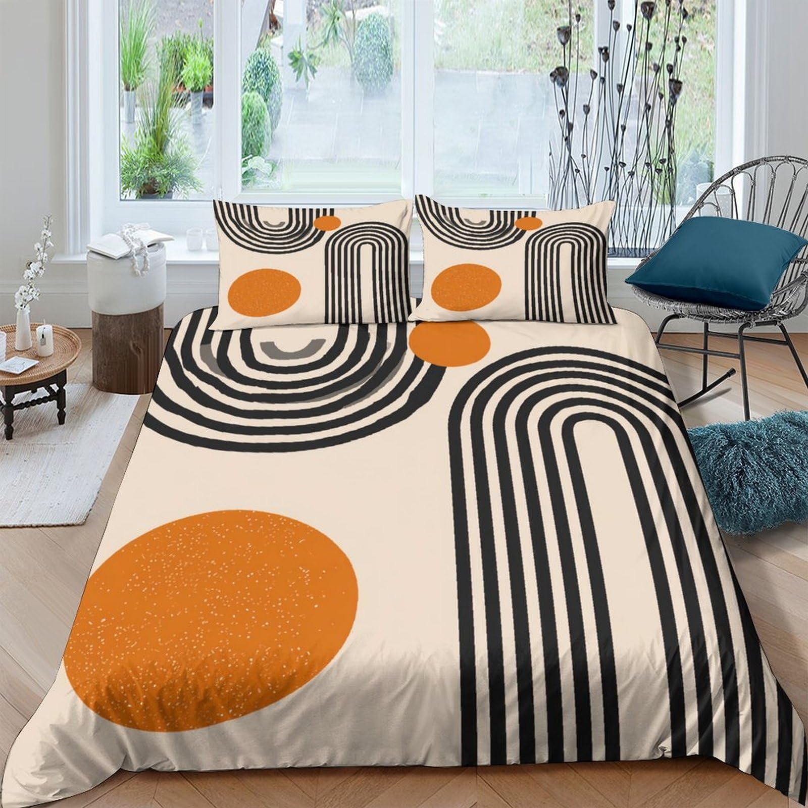 Ctjqhvkz Style-4 3D Printed Geometric Abstract Fitted Sheet Microfiber Orange Circle Modern Lines Mattress Cover Bedroom Home Decor Single（135X200cm）