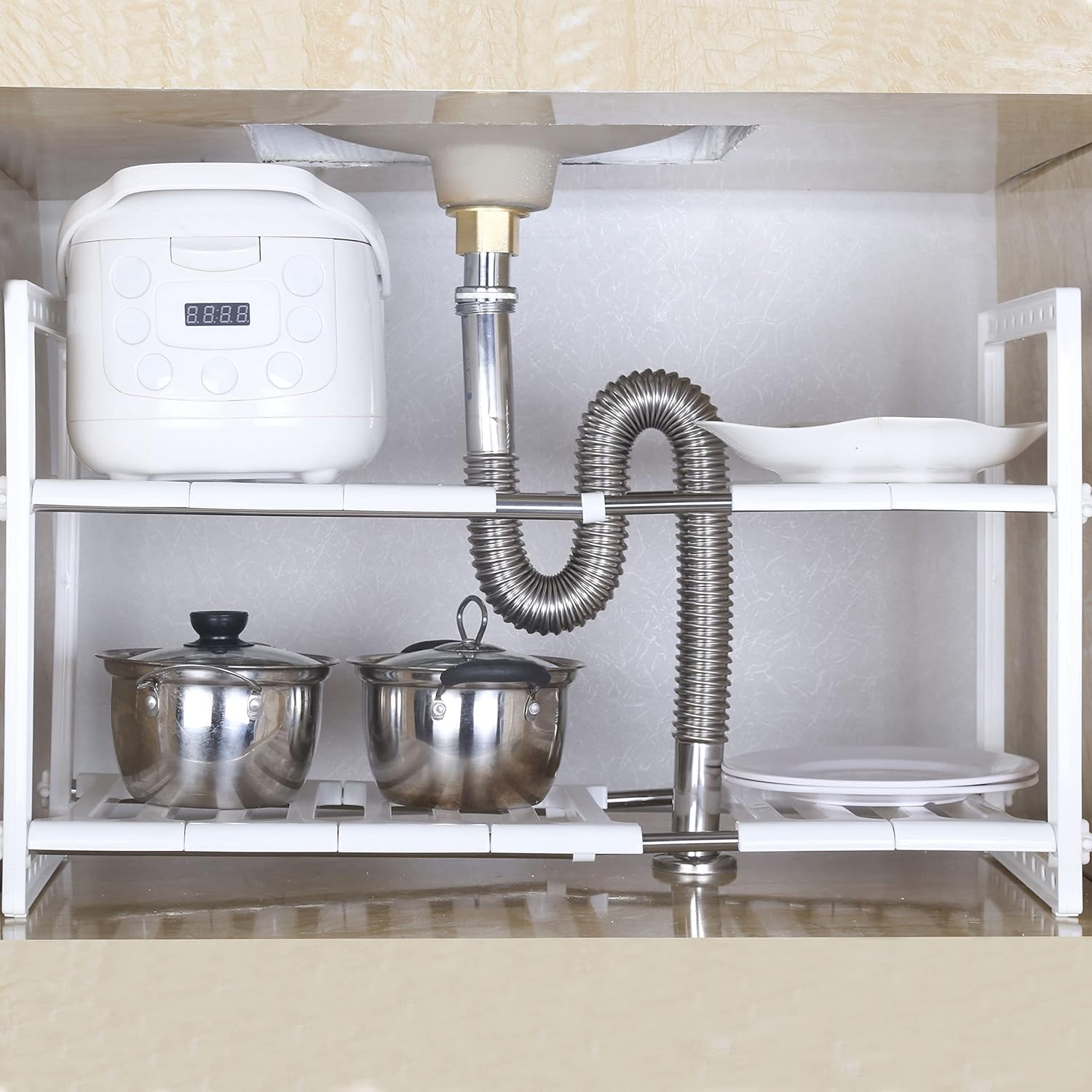 SKOLOO Under Sink Expandable Shelf Organizer Rack, 2-Tier Adjustable Storage Shelves(Expands 15-3/8 to 26Inches, Grey)