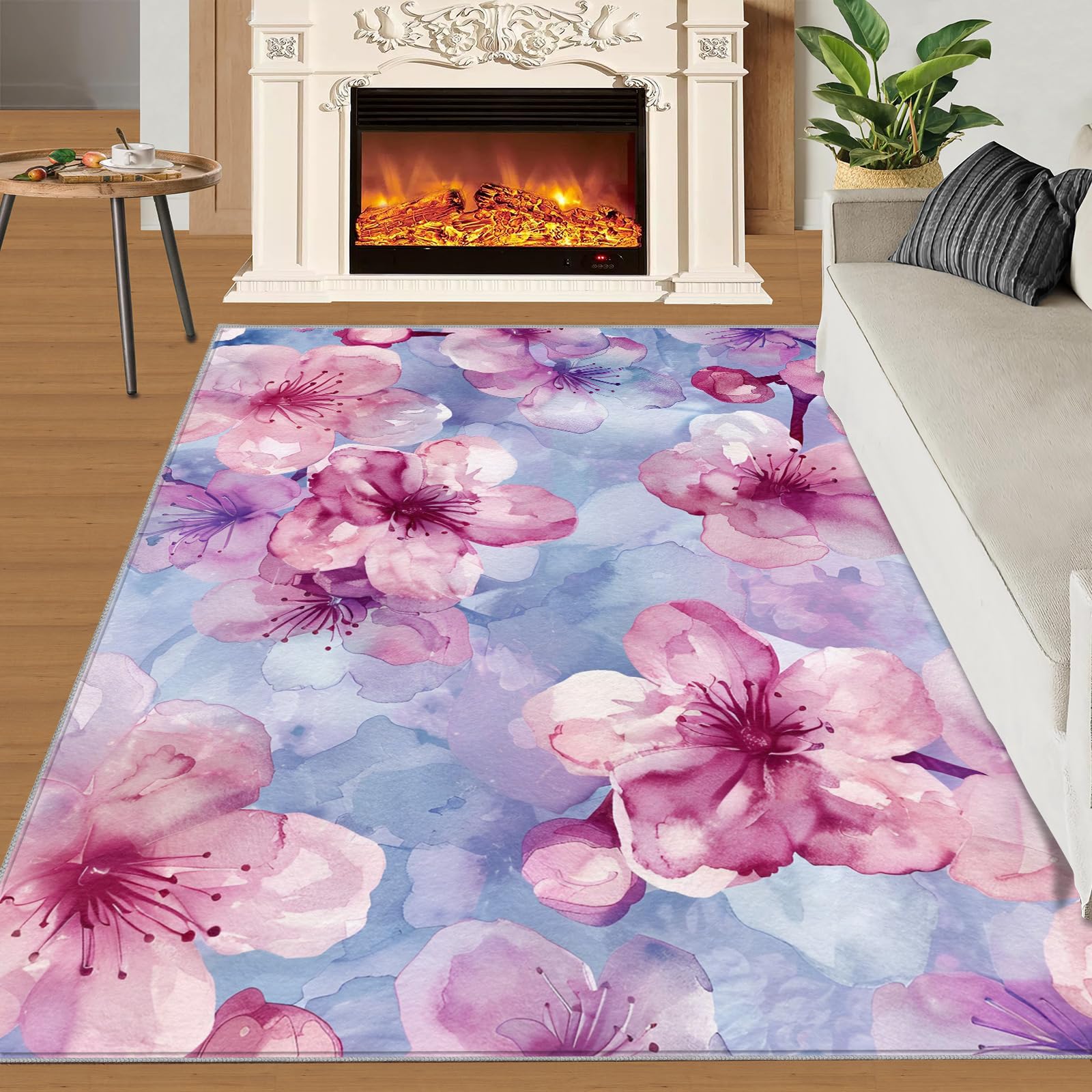 SANSJI Botanical Floral Rugs for Girls Bedroom 170x240 cm, Non-Slip Washable Blossom Flowers Design Area Rug for Women, Soft Low-Pile Natural Pastel Carpet, Watercolor Style