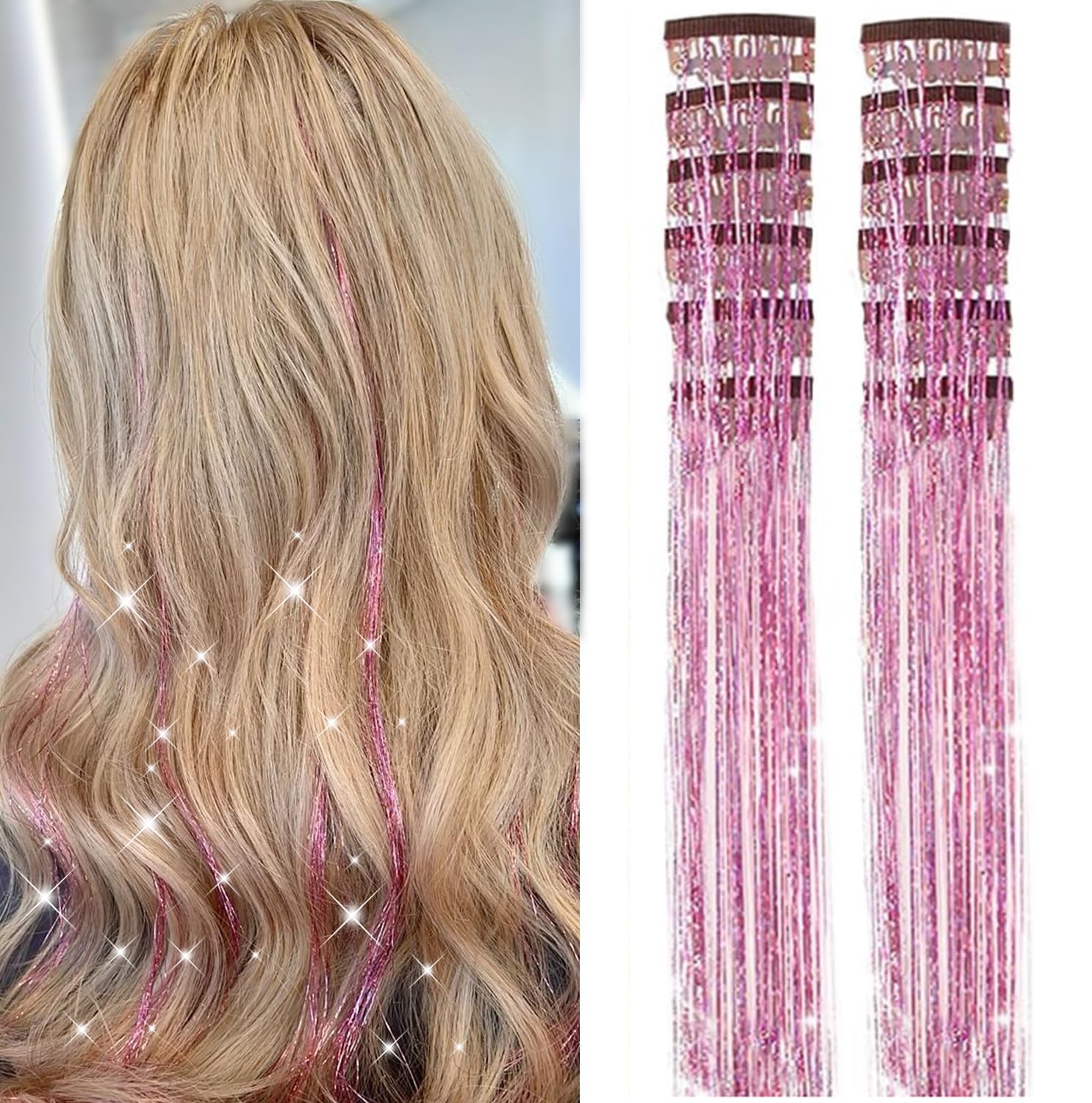 PORSMEER 12Pcs Clip in Hair Tinsel Kit,Colorful Pink Glitter Heat Resistant Fairy Tinsel Extensions with Clips,Sparkling Shiny Hair Accessories 20 Inch for Women