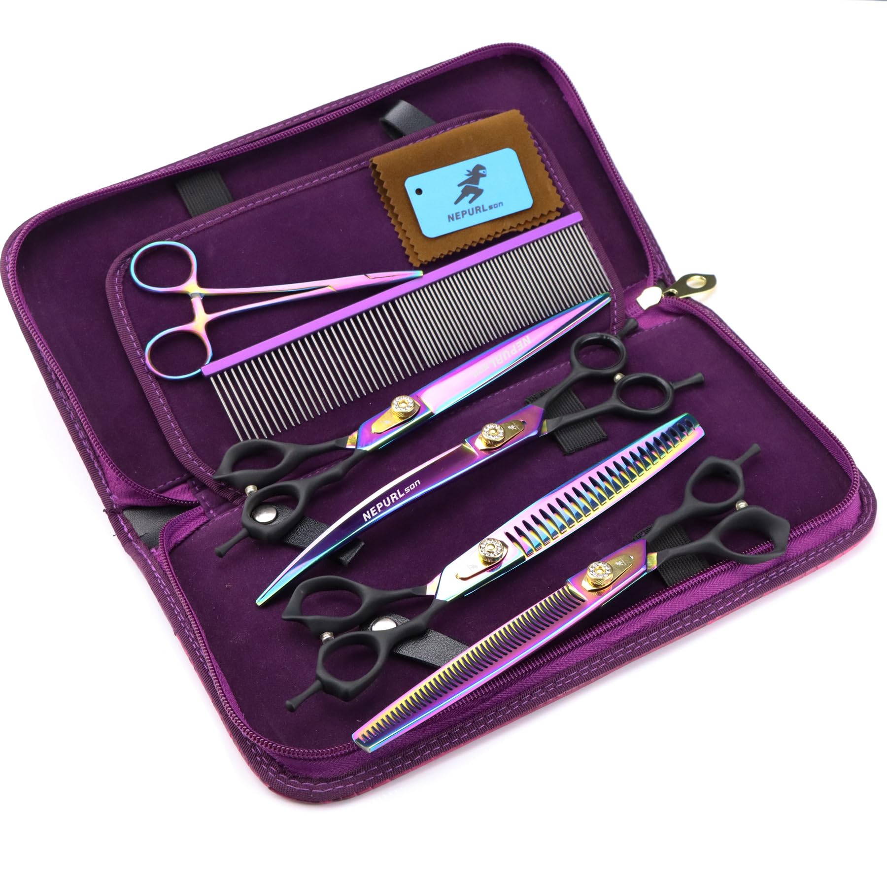 8.0 Inch Pet Grooming Scissors Set - 440C Stainless Steel Straight Curved and Thinning Shears with Rainbow Finish, Grooming Comb and Storage Case for Dog and Cat Grooming