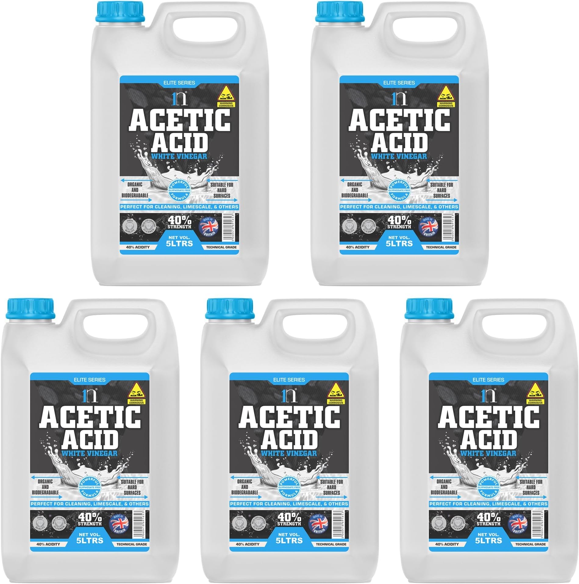 White Vinegar 5L Acetic Acid 40% 8 x Stronger Than Regular Spirit White Vinegar Cleaning for Sanitising & Cleaning - Deodorises & Removes Grime Descaler (Pack of 5)