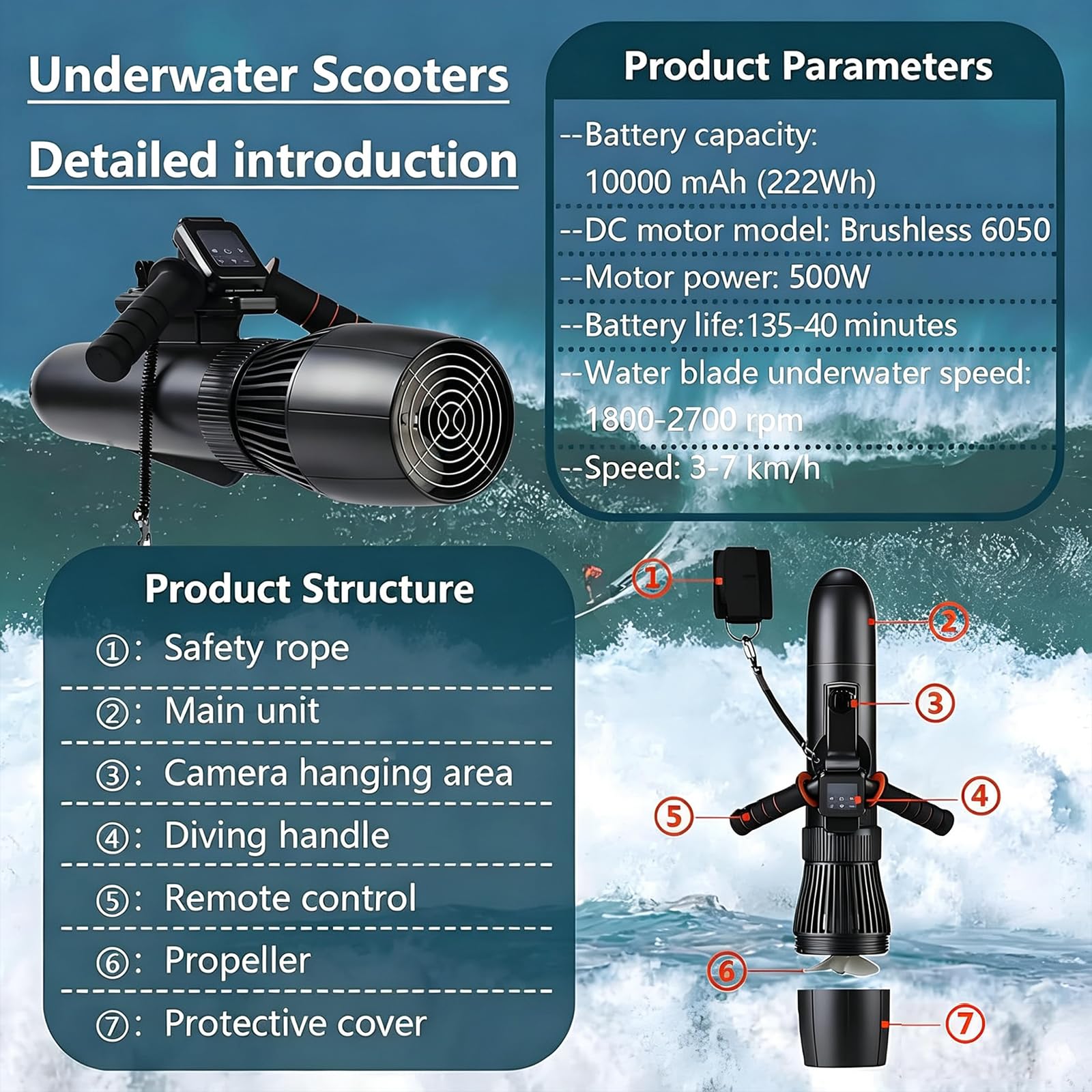 Scooter Subacuático Eléctrico, Scooter de Buceo 9 Velocidades | Autonomía 50 Min, Velocidad 7km/h, Profundidad 40m, Accesorios Paddle, Motor SUP para Buceo, Snorkel y Kayak