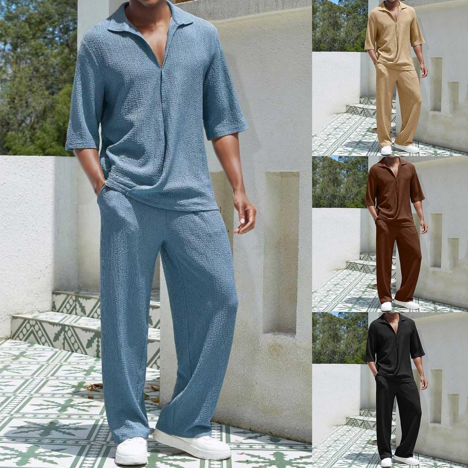 Herren Sommer Leinenanzug 2-teiliges Outfit Kurzarm Button Down Shirt Lose Hosen Sets