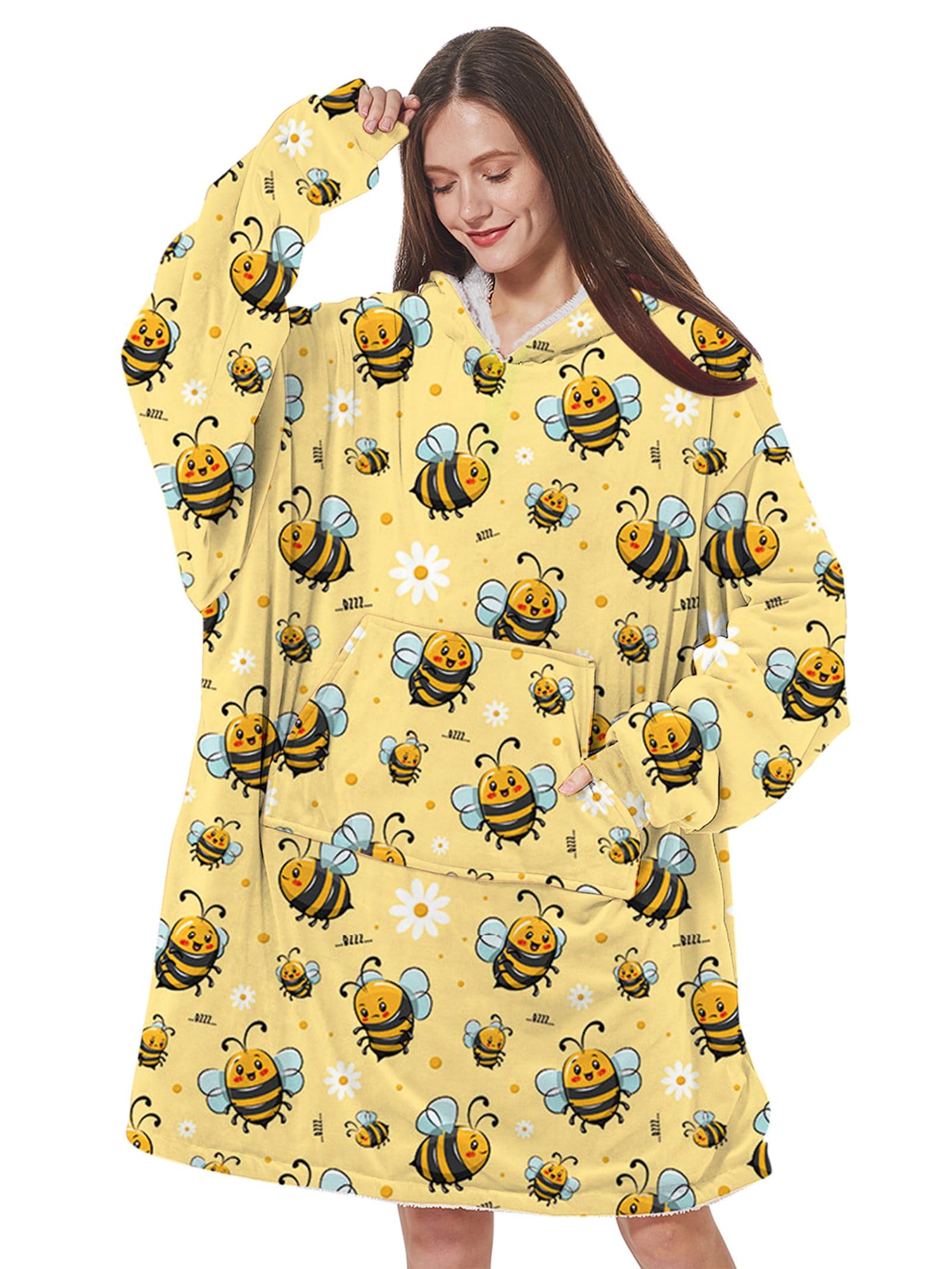 Unisex Hoodie Blanket for Women Fleece Snuggly Sherpa Oversized Sweatshirts Ultra-Soft Casual Warm Winter Wearable Blanket for Women Men Bee