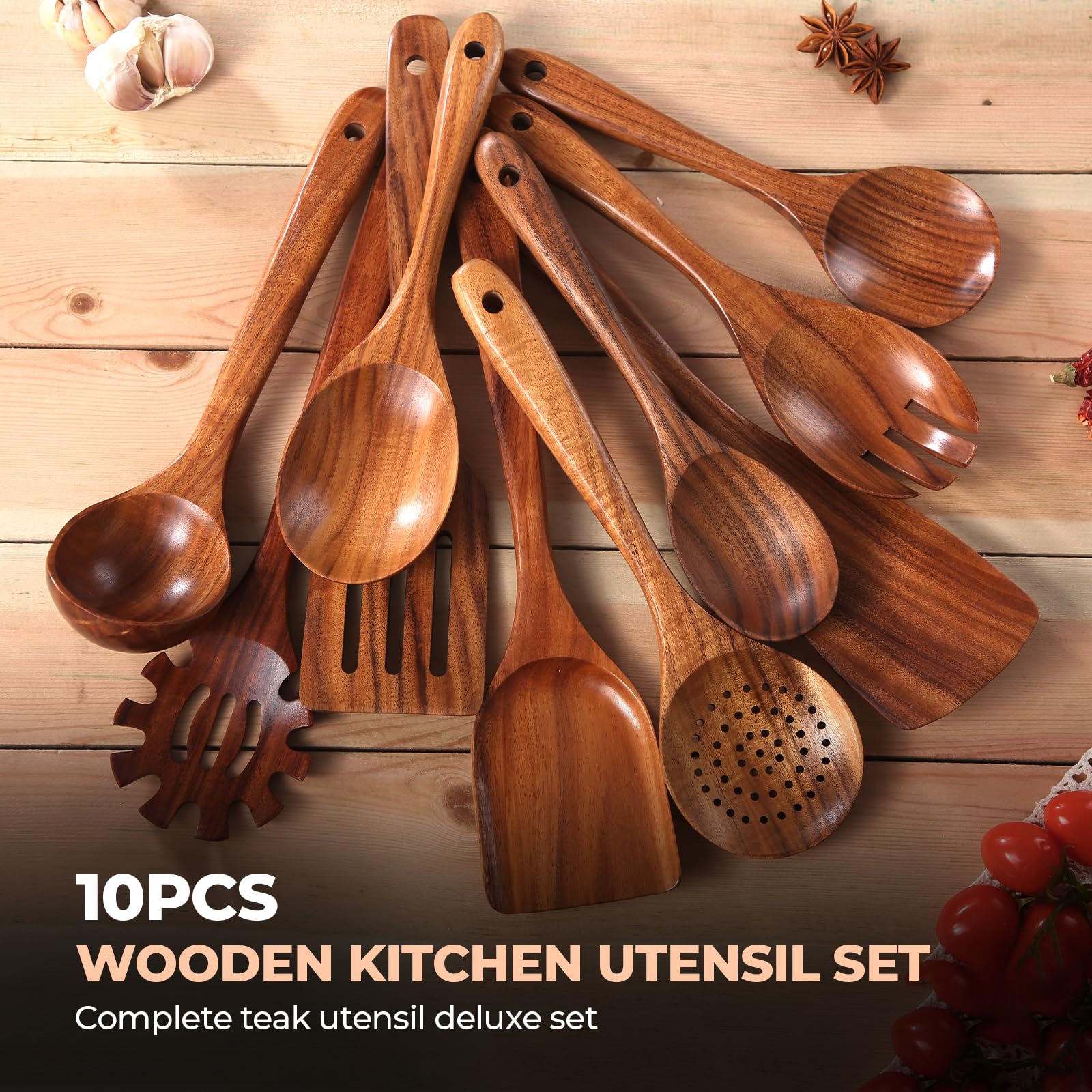 AIUHI Juego de utensilios de cocina de madera, mango de agarre cómodo, juego de utensilios de cocina de teca, antiadherentes, sin arañazos, cucharas de madera premium para cocinar (10 piezas)