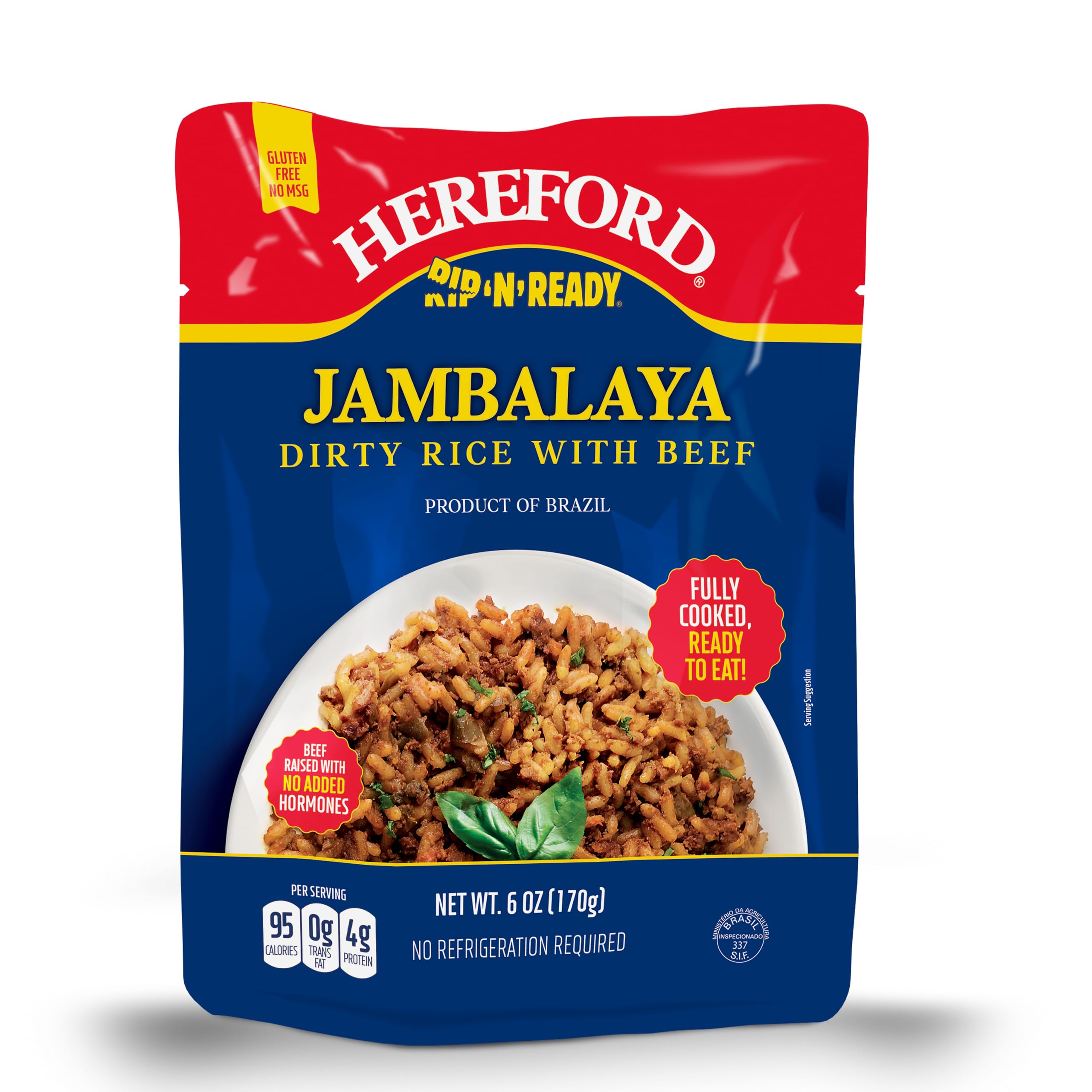 Hereford Jambalaya Dirty Rice with Beef | Shelf Stable | Fully Cooked | Ready-to-Eat | Beef Raised with No Added Hormones | 12g of Protein per Serving | 6oz per Pouch (Case of 12)