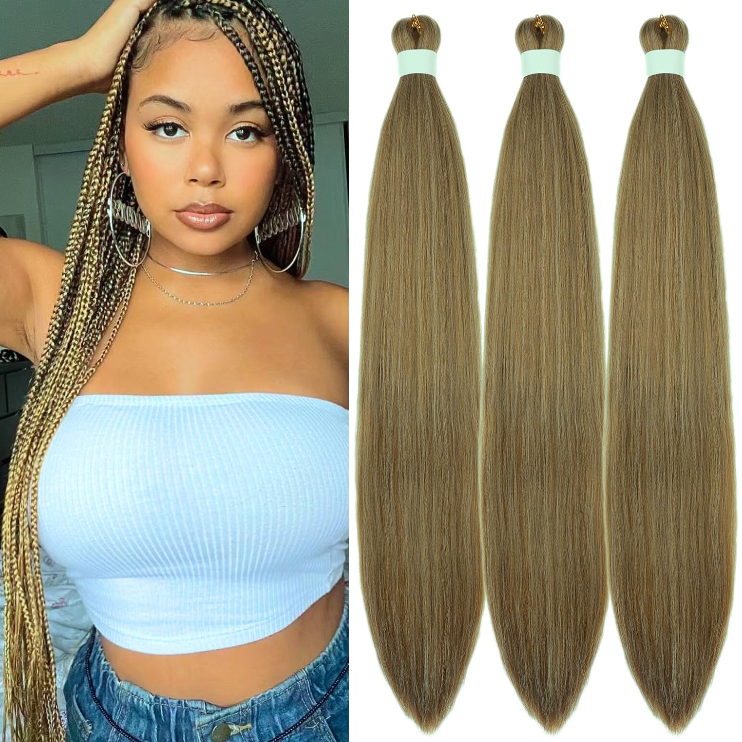 Honey Brown Braiding Hair Pre stretched Box Braiding Hair Extensions Knotless Braids 3 Packs