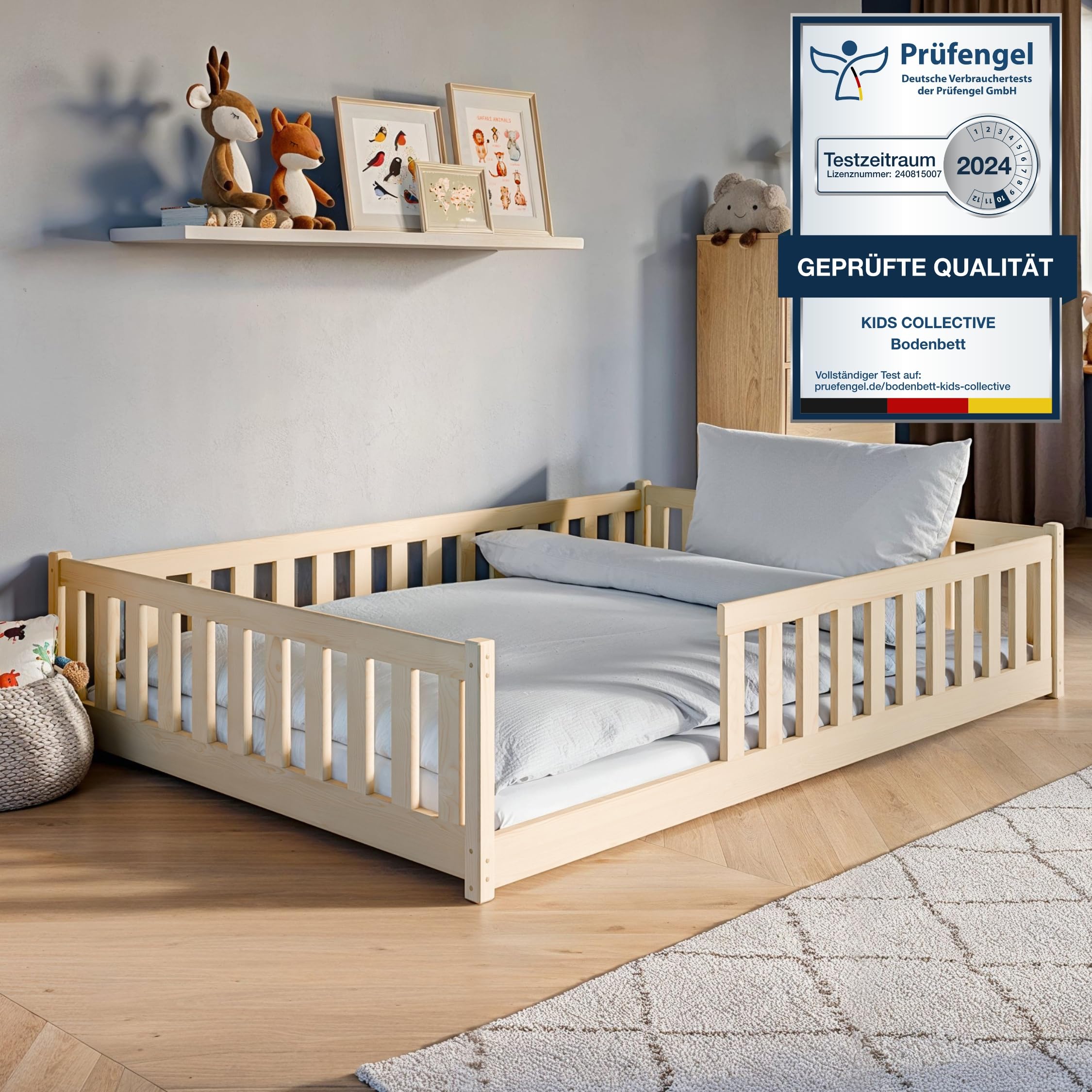 Kids Collective Bodenbett + Bett mit Rausfallschutz & Lattenrost Montessori Bett (80x160, 90x200, 120x200 cm)