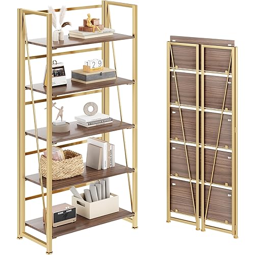 No-Assembly Folding Gold Bookshelf Storage Shelves 5 Tiers Vintage Multifunctional Plant Flower Stand Storage Rack Shelves Bookcase for Home Office