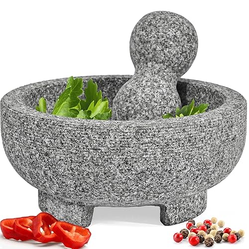 PriorityChef - Juego de mortero y mortero de granito Molcajete Mexicano de piedra natural de 6.1 pulgadas para especias, condimentos, pastas