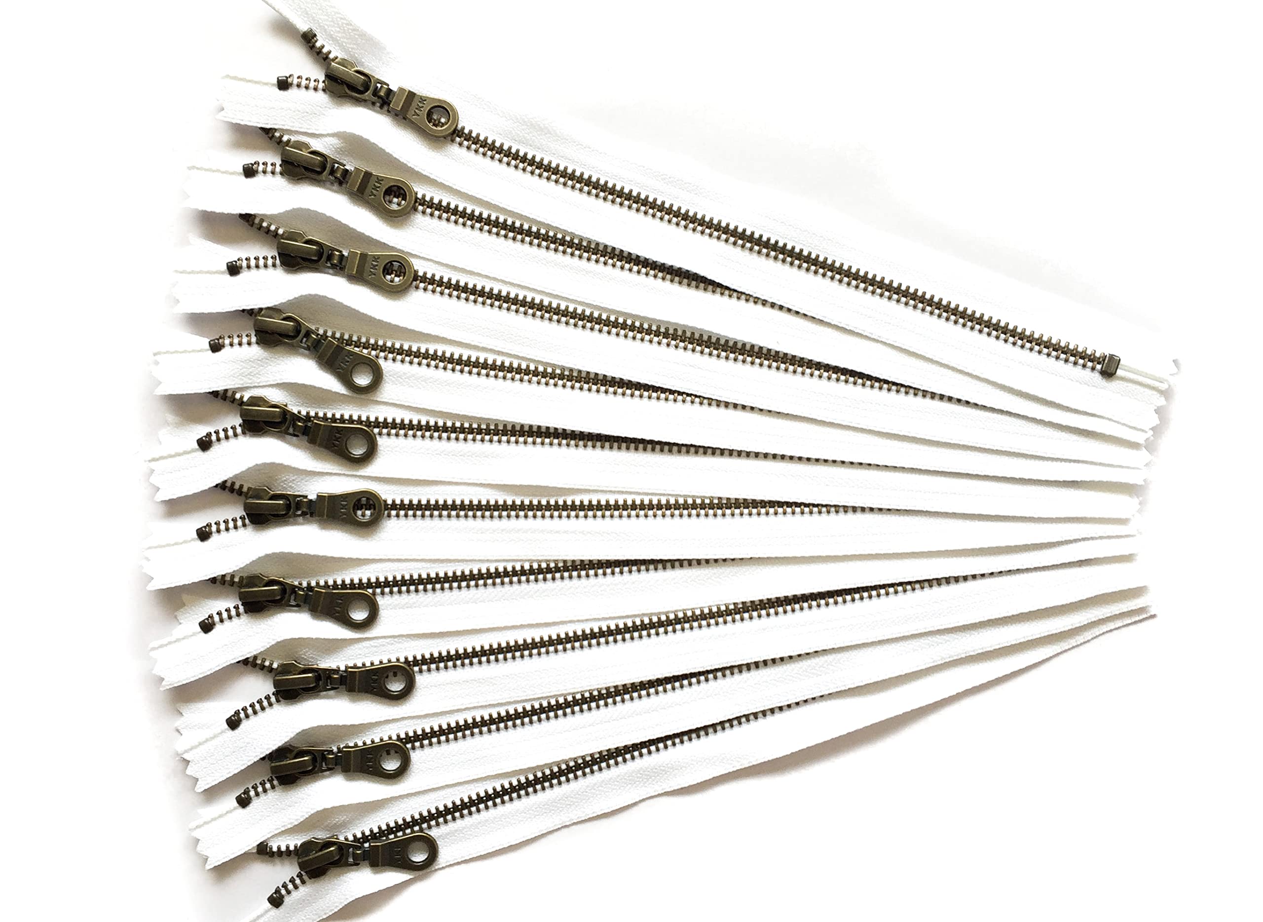 YKK Antique Brass Zippers in White with Donut Pulls 14 Inch Number 5 Set of 12 Pieces by Craftbot
