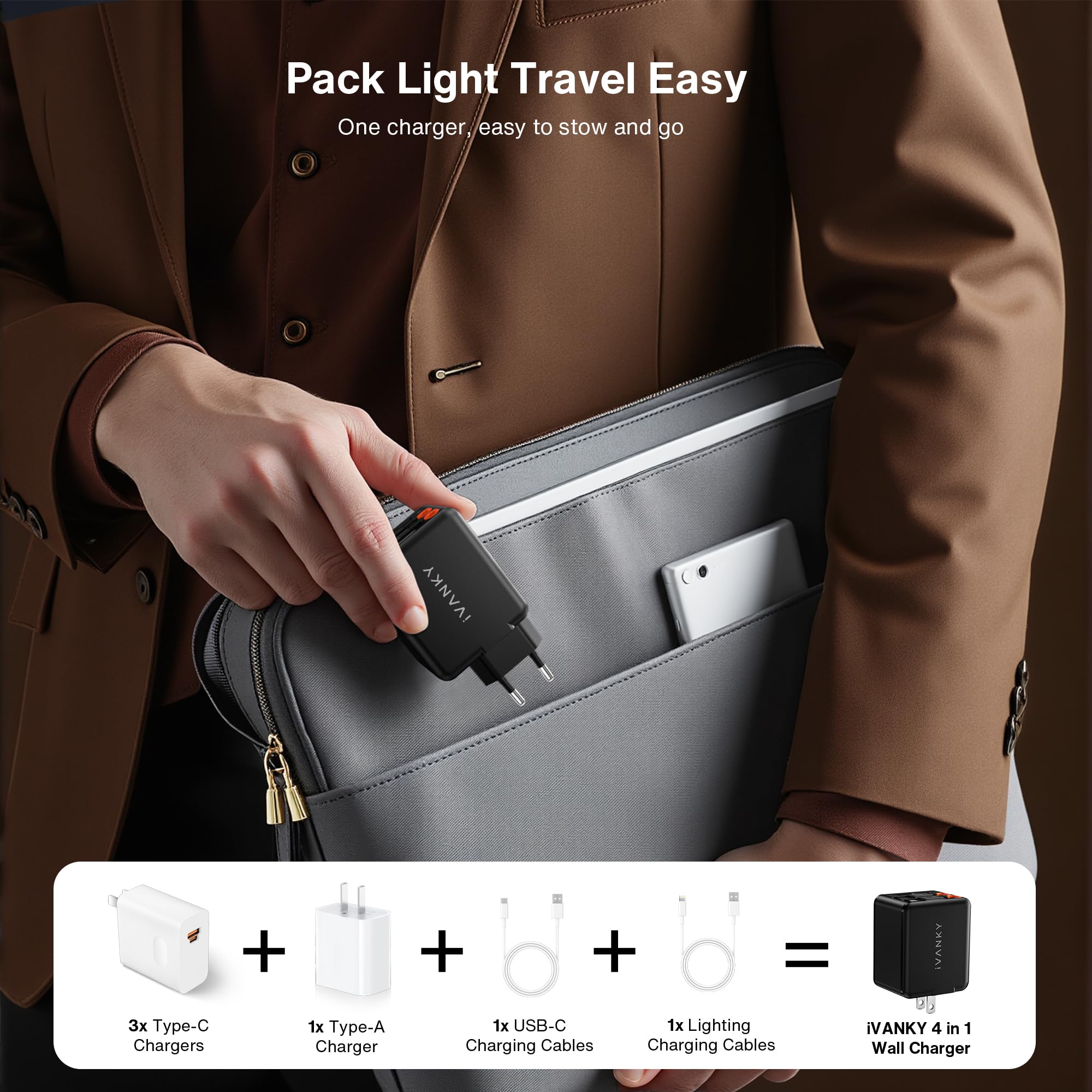iVANKY 4-en-1 45W GaN Chargeur USB C Rapide iPhone 17 Pro Max Air, 4 Ports Câble Rétractable avec Deux câbles USB-C, Compatible avec iPhone 16/15/14/13 Galaxy S25/S24/S23/S22/A56/A16/A06