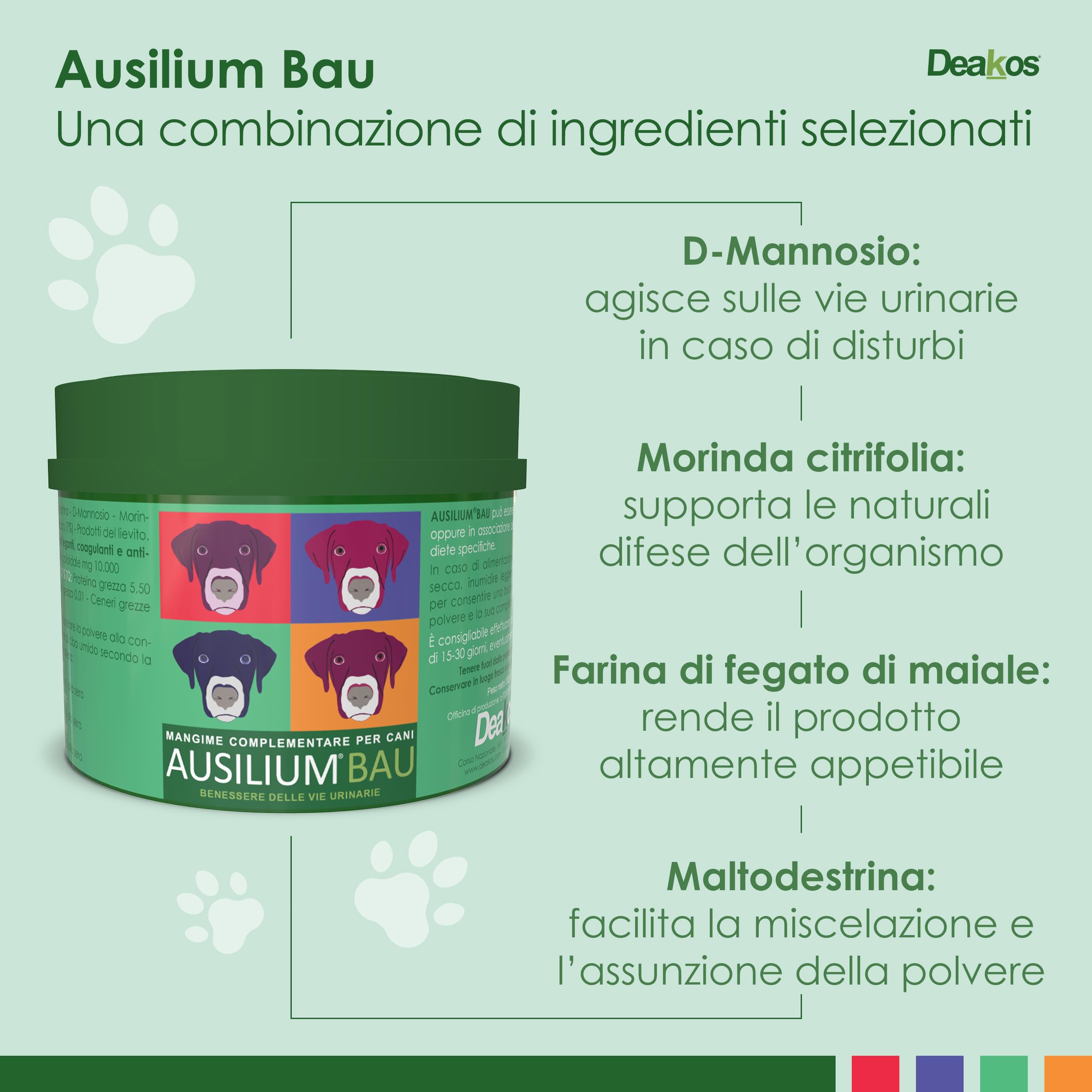 Deakos Ausilium Bau in Polvere 100g - Integratore Cane per il Benessere delle Vie Urinarie - Con D-Mannosio Puro e Morinda Citrifolia - Integratore per cani Senza Glutine e Lattosio