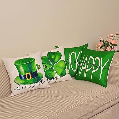 Miniatura 6 de Juego de 4 fundas de almohada para decoración del Día de San Patricio de 18 x 18 pulgadas, funda de almohada de lino con trébol irlandés con