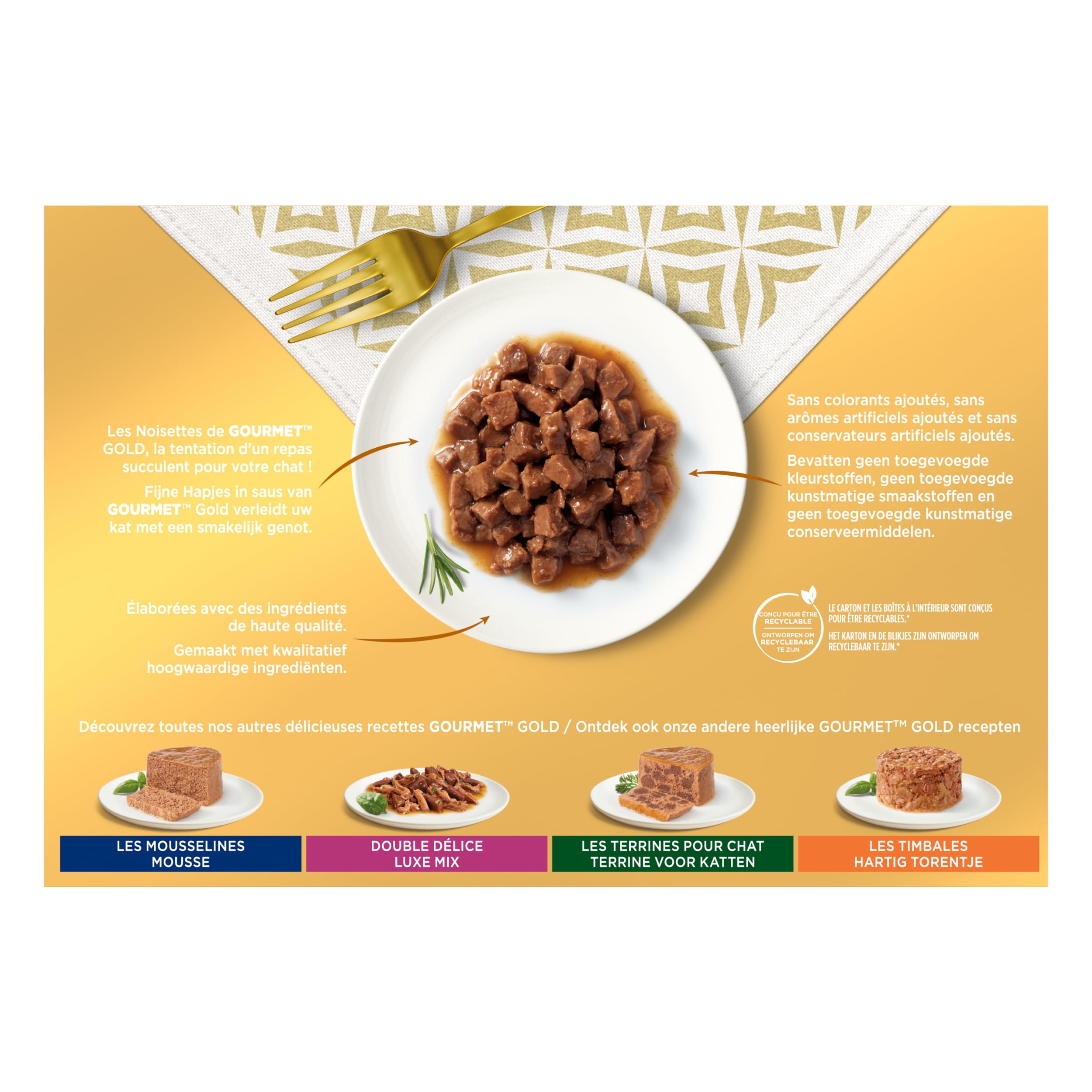GOURMET GOLD, kot, orzechy laskowe, mielone w sosie, wołowina, kurczak i foka, indyk-kaczka, łosoś i kurczak, 12 x 85 g, zestaw 8 sztuk, pudełko