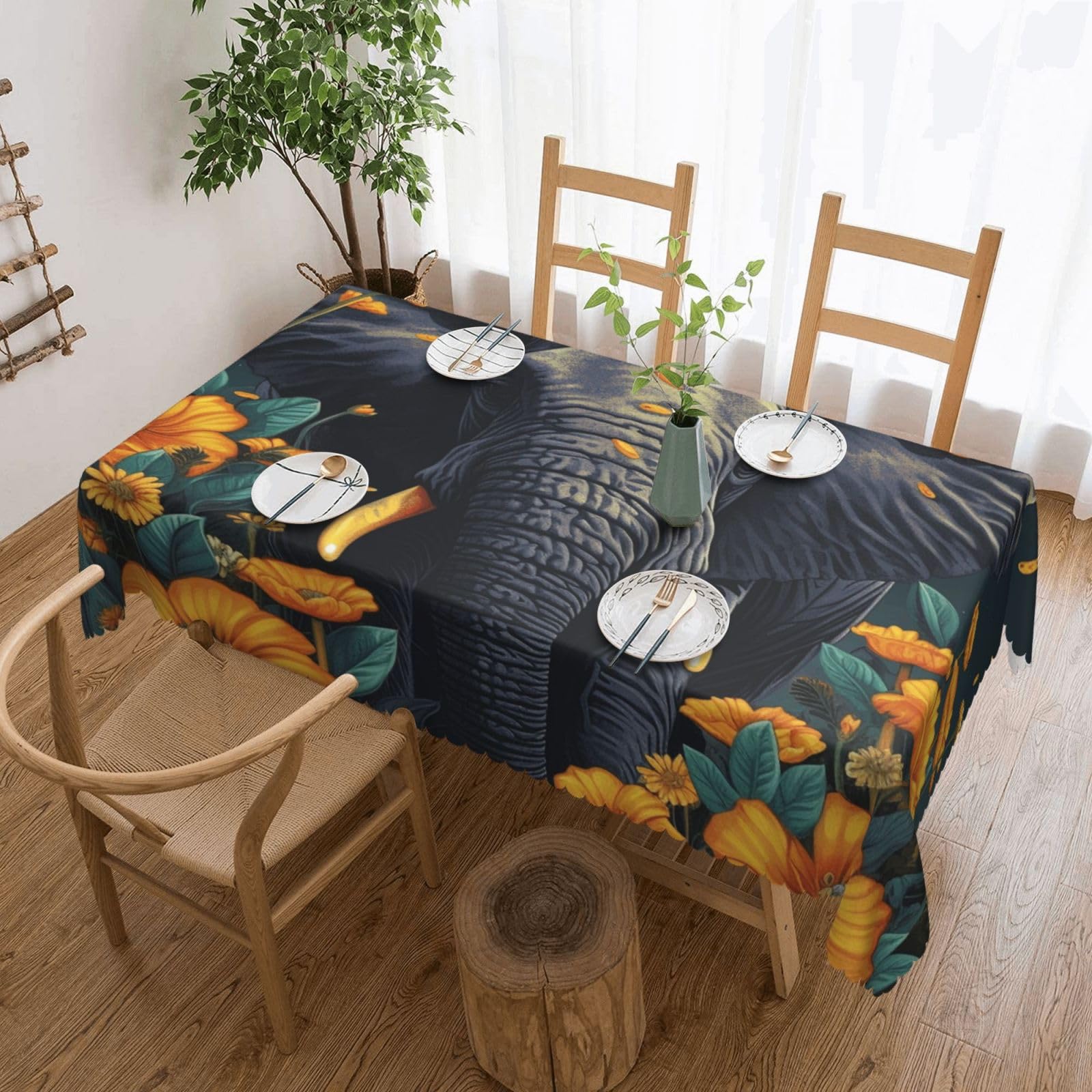 QLDETUPWLX Rectangle Table Cloth 137x183 cm Elephant and Sunflower Tablecloths Wrinkle Free Table Cloth Washable Fabric Desktop Protection Decoration Tables Cover for Party Dining Indoor and Outdoor