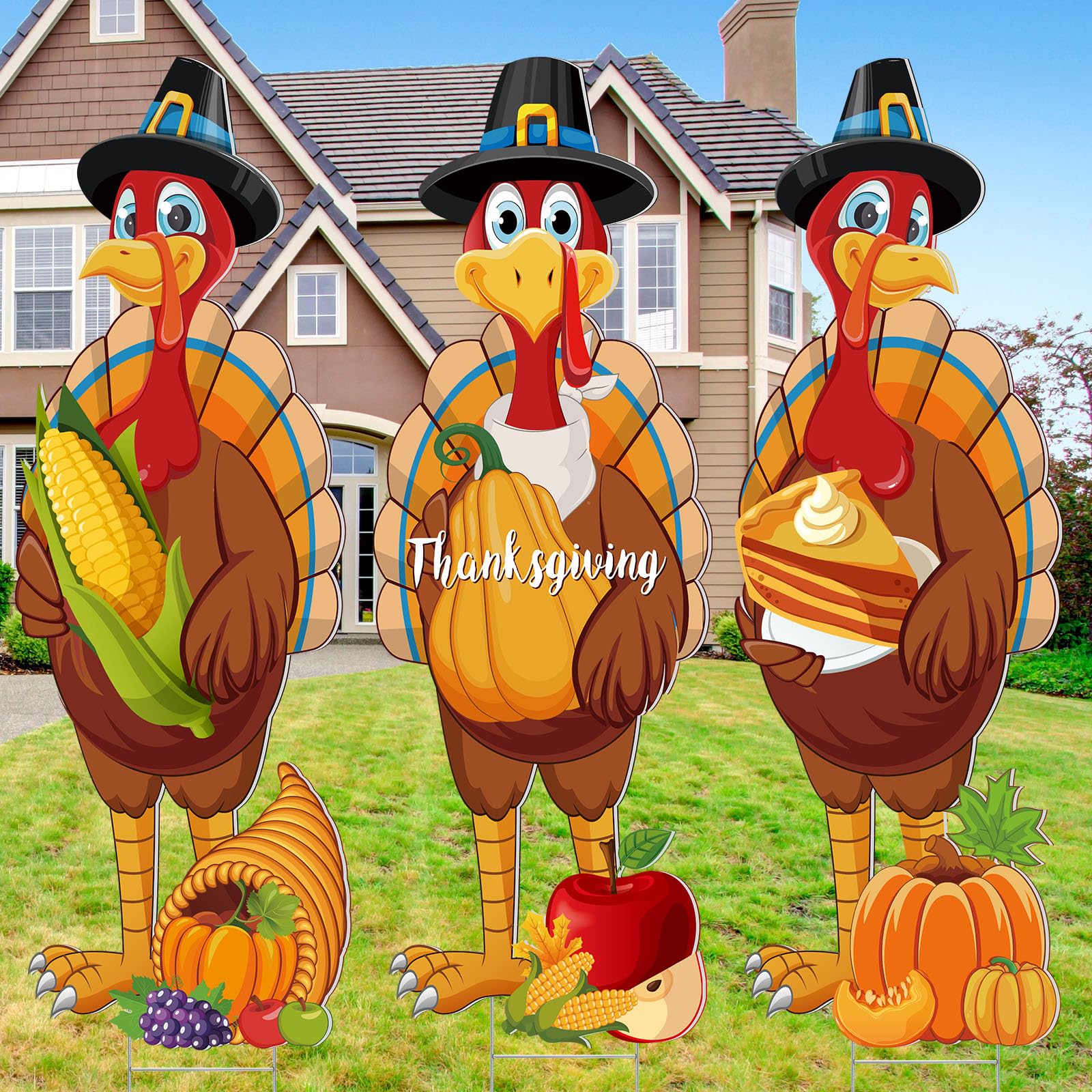 Umigy 3 Pcs Thanksgiving Turkey Yard Signs Fall Garden Decor 10 x 32 Inch