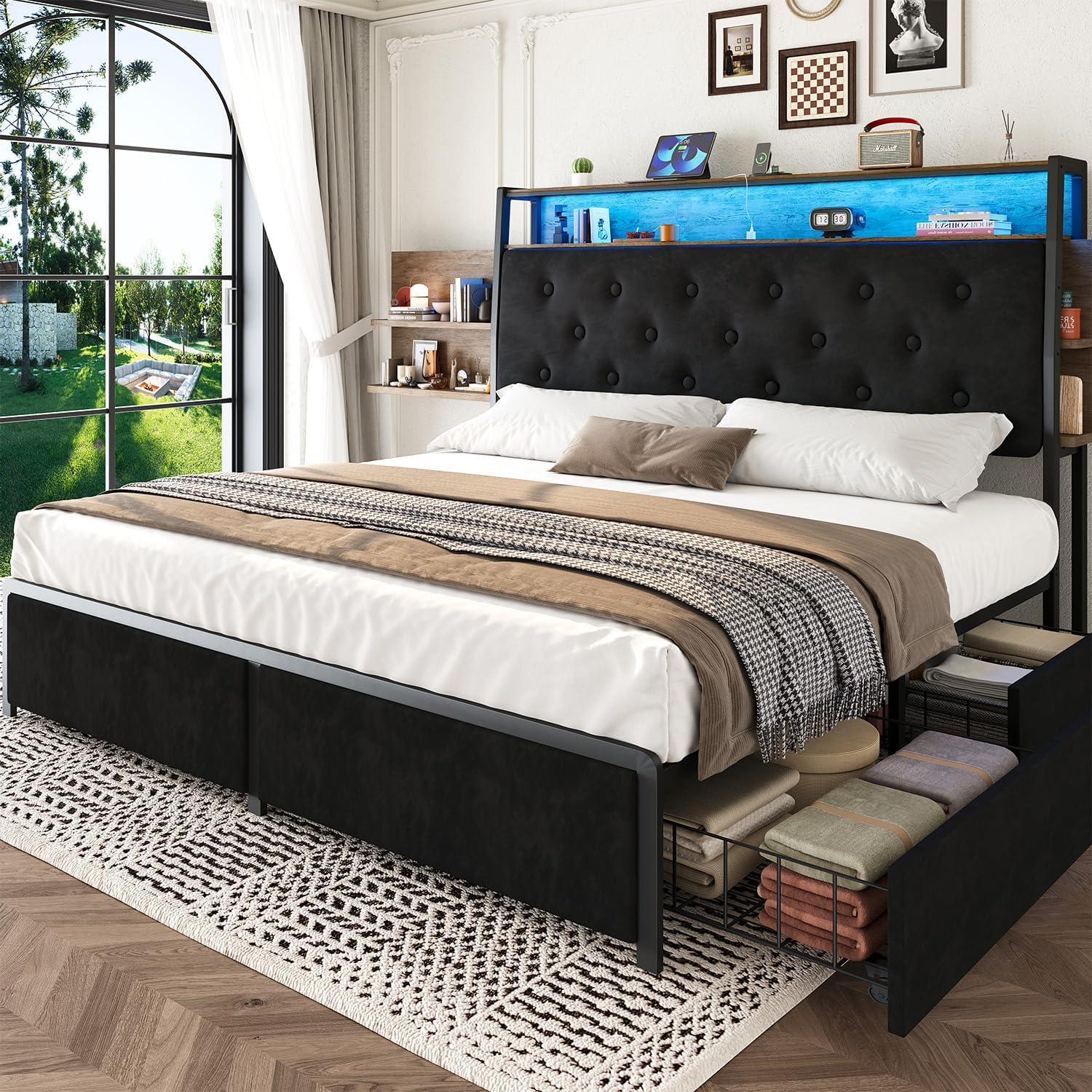 Queen Velvet Upholstered Bed Frames with 4 Storage Drawers, Metal Platform Bed Frame with Headboard Charging Station LED Light, No Box Spring Needed, Black